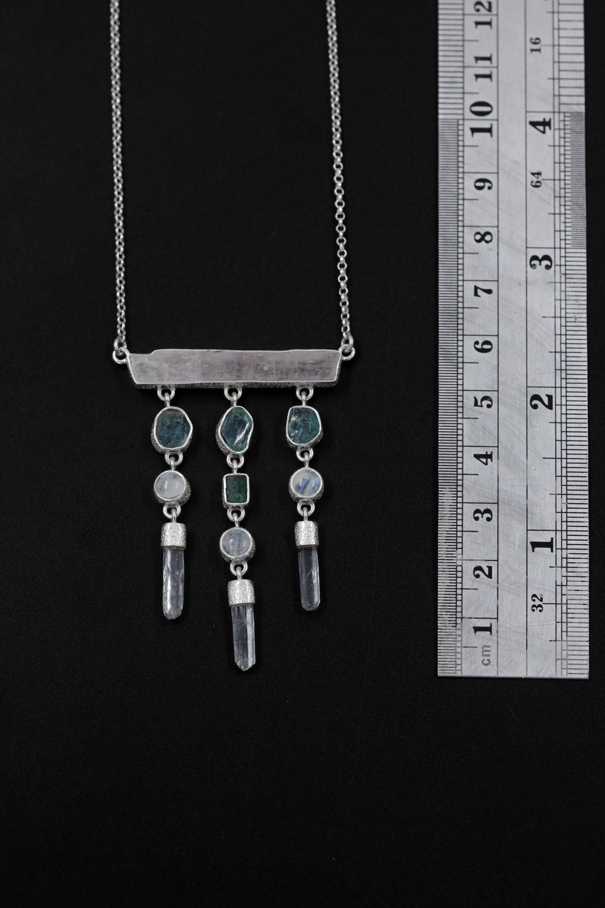 Pink Kunzite, Blue Apatite, Moonstone, Clear Quartz Necklace, 925 Silver, Raw Crystal Dangle, Feminine Energy Jewelry, Spiritual Boho Gift