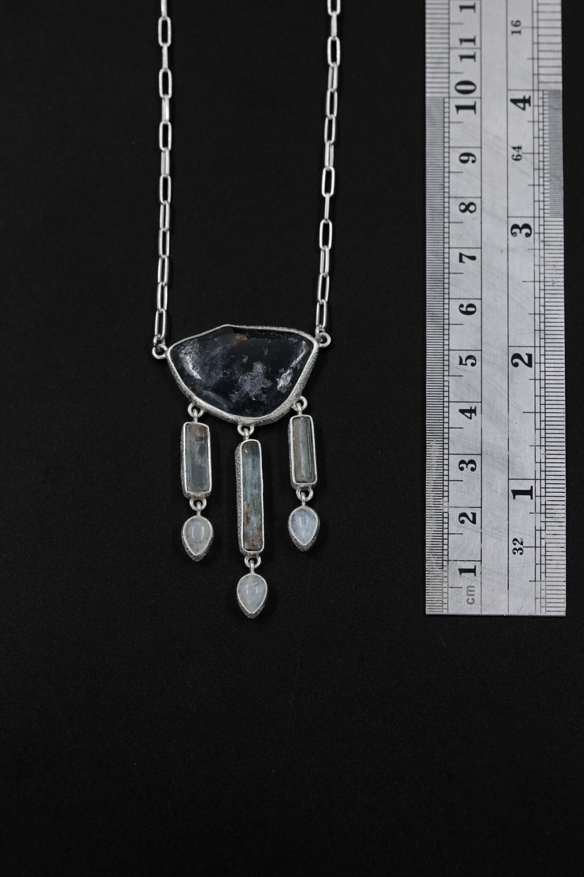 Blue Tourmaline Slice, Raw Aquamarine & Blue Moonstone Necklace, 925 Silver High Shine Finish, Healing Crystal Statement Jewelry