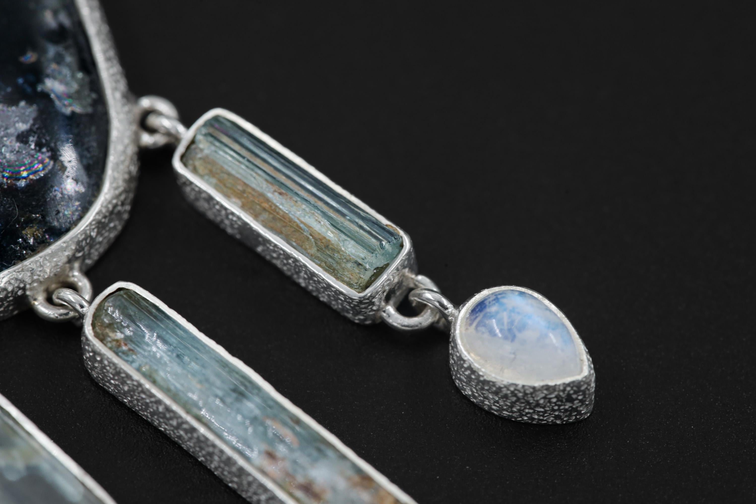 Blue Tourmaline Slice, Raw Aquamarine & Blue Moonstone Necklace, 925 Silver High Shine Finish, Healing Crystal Statement Jewelry