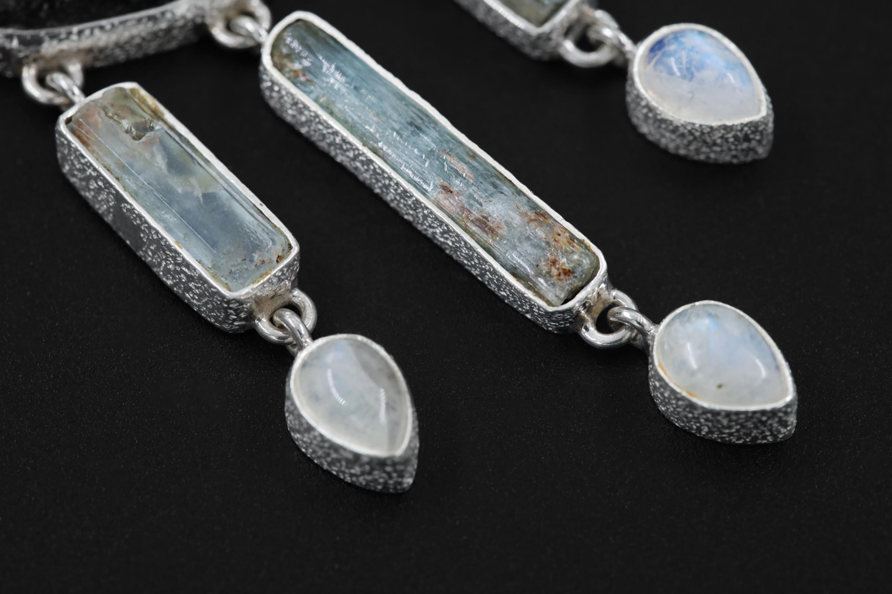 Blue Tourmaline Slice, Raw Aquamarine & Blue Moonstone Necklace, 925 Silver High Shine Finish, Healing Crystal Statement Jewelry
