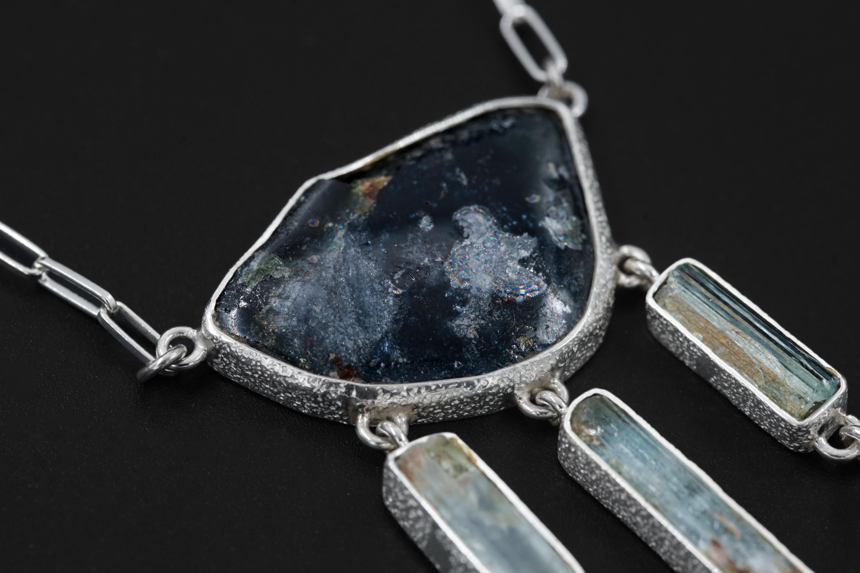 Raw Blue Tourmaline Slice Necklace, Aquamarine Moonstone, 925 Silver