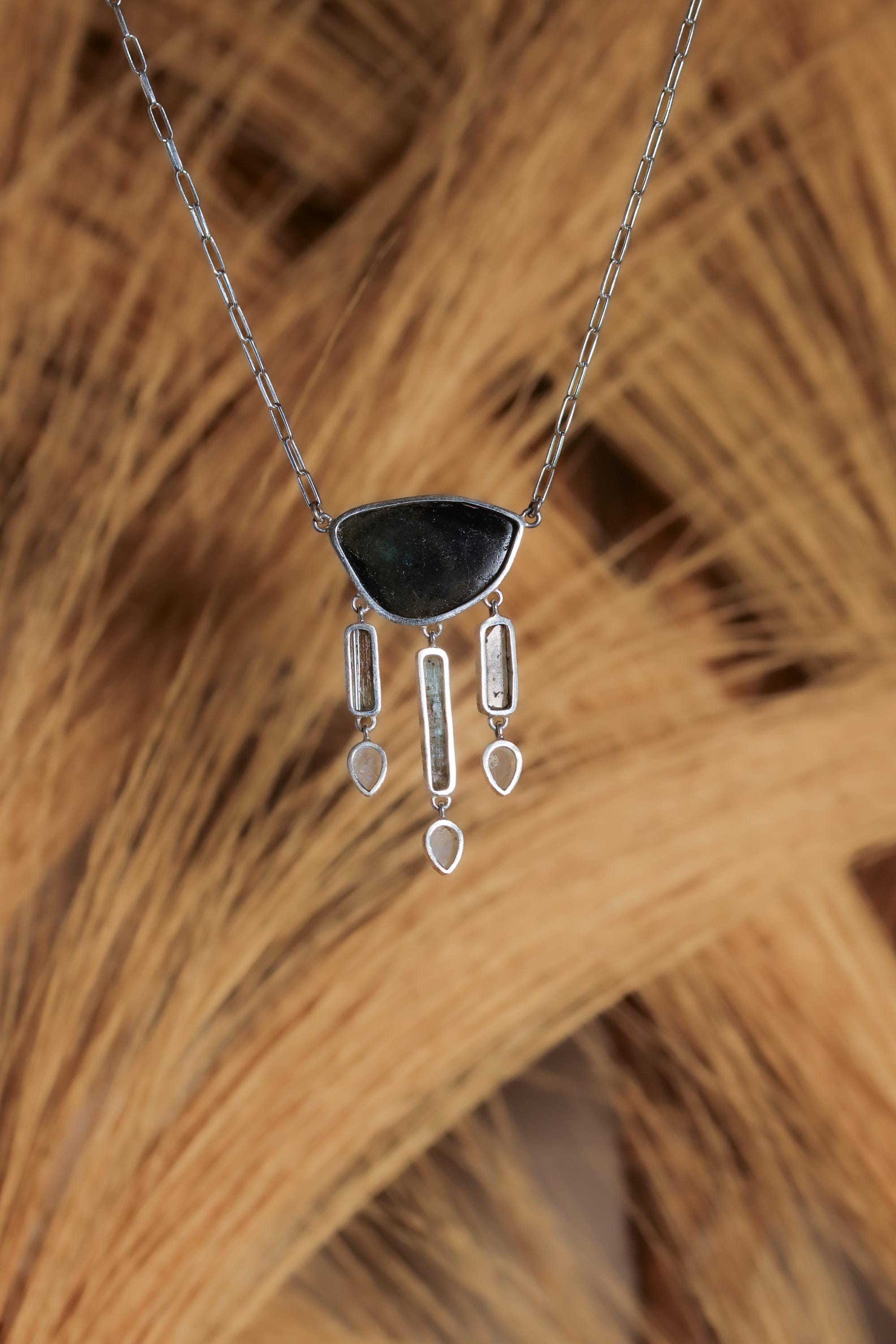 Blue Tourmaline Slice, Raw Aquamarine & Blue Moonstone Necklace, 925 Silver High Shine Finish, Healing Crystal Statement Jewelry