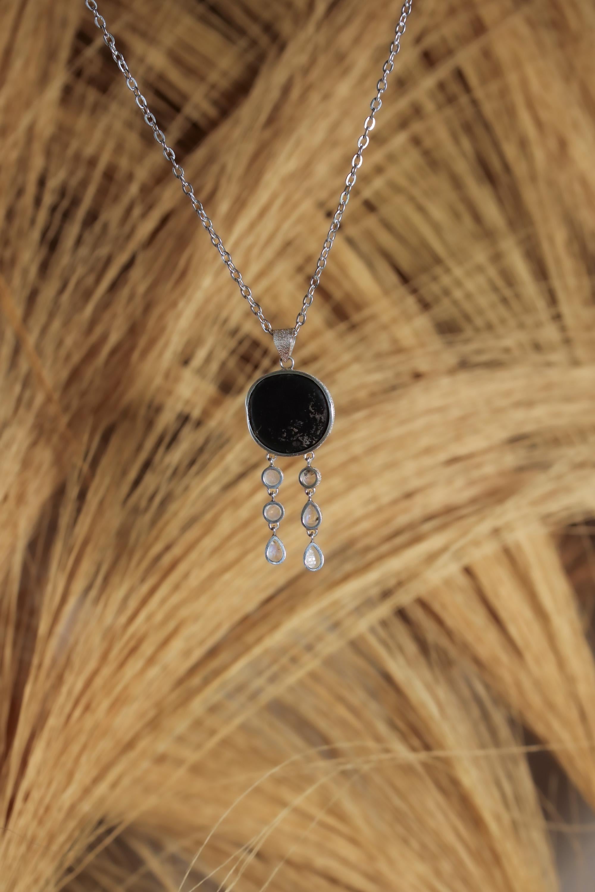 Shungite, Blue Moonstone Pendant, 925 Silver, Powerful Crystals Jewelry, Moonstone Dangle, Organic Texture, High Shine Finish, Unique Gift