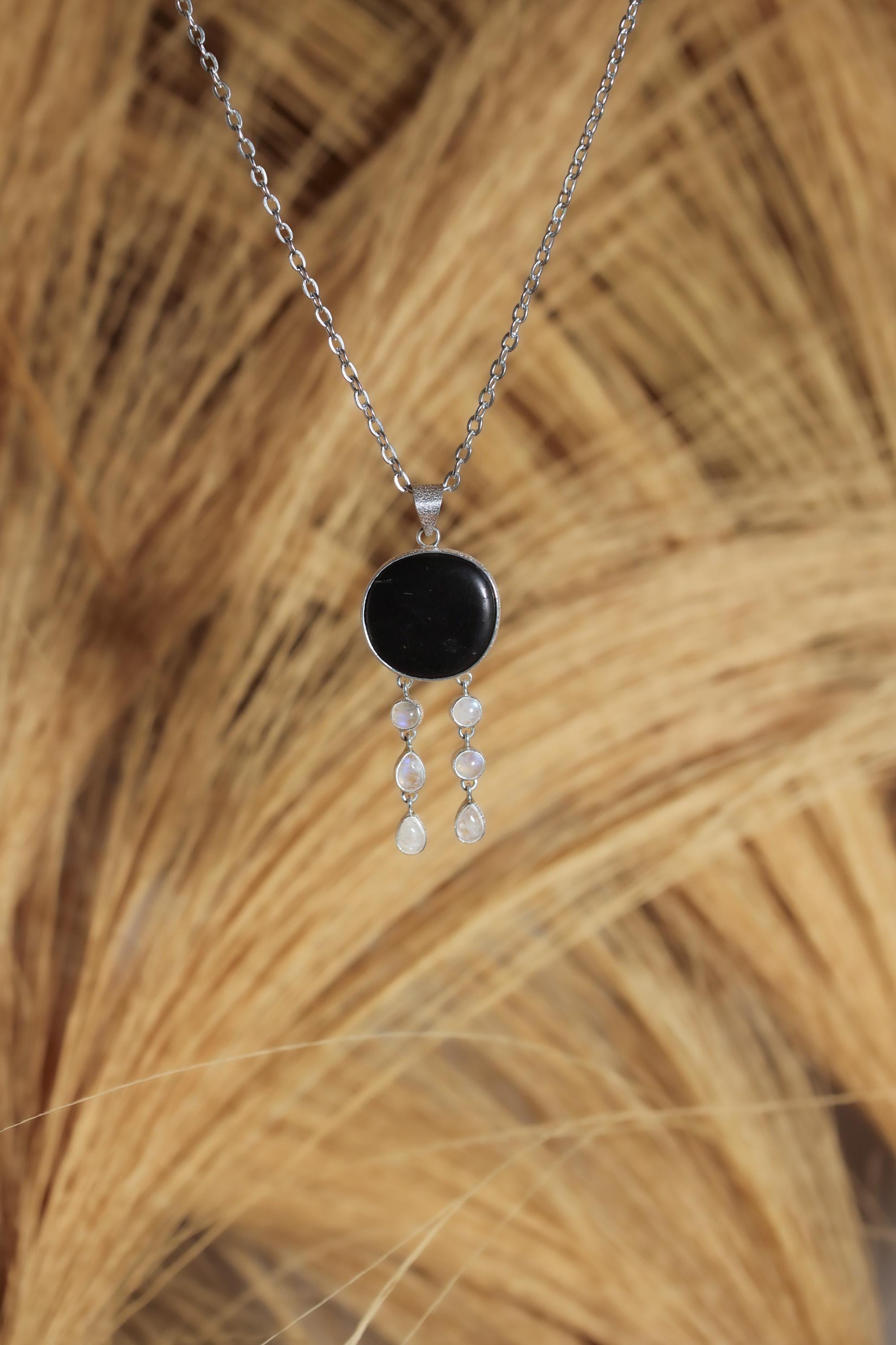 Shungite, Blue Moonstone Pendant, 925 Silver, Powerful Crystals Jewelry, Moonstone Dangle, Organic Texture, High Shine Finish, Unique Gift