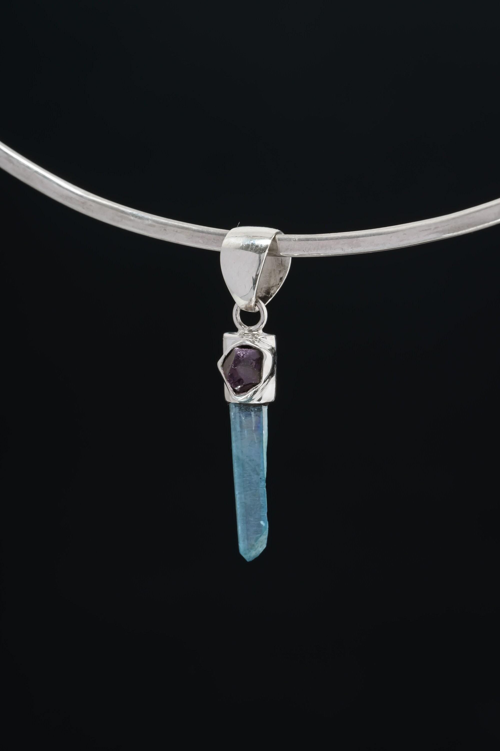 Aqua Aura Quartz Amethyst Pendant 925 Silver Raw Crystal Necklace Throat Crown Chakra Spiritual Talisman Gift