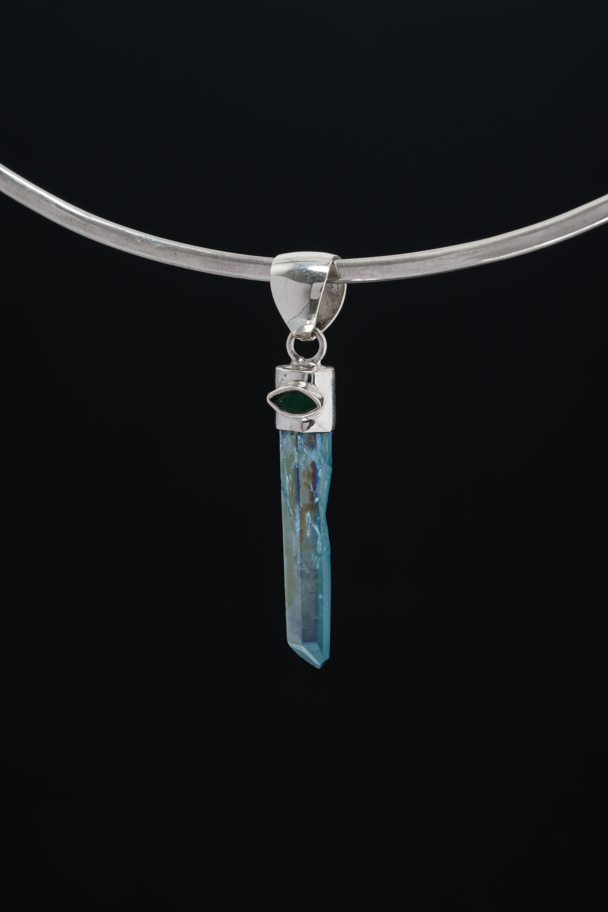 Aqua Aura Quartz Pendant, Eye Shape Faceted Emerald, High Shine 925 Sterling Silver, Crystal Healing Pendant, Unique Gift, Chakra Jewelry