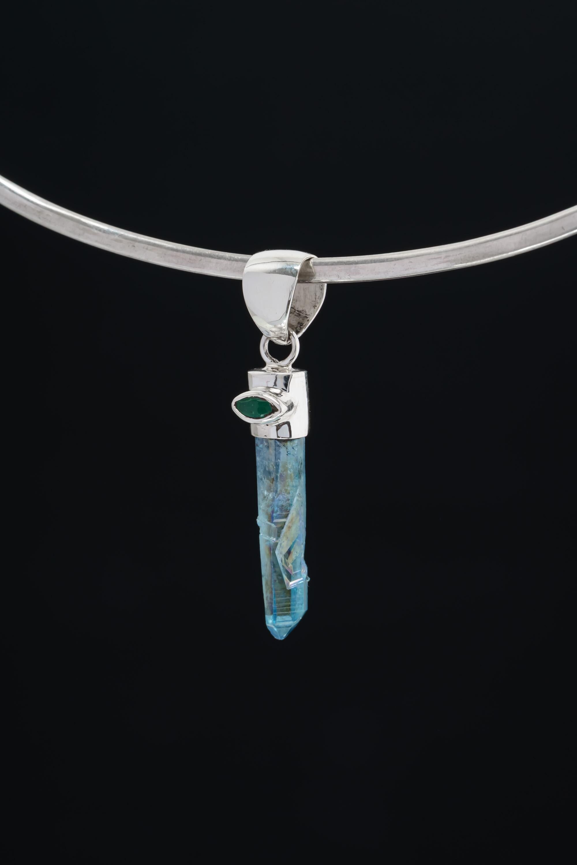 Aqua Aura Quartz Pendant, Eye Shape Faceted Emerald, High Shine 925 Sterling Silver, Crystal Healing Pendant, Unique Gift, Chakra Jewelry