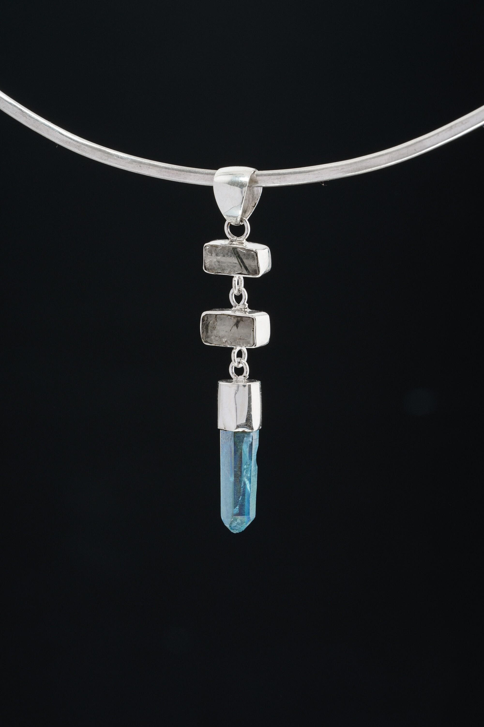 Black Rutile Quartz Lemurian Pendant, Aqua Aura Quartz Necklace, High Shine Sterling Silver, Raw Crystal Pendant Scorpio Zodiac Gift Unique