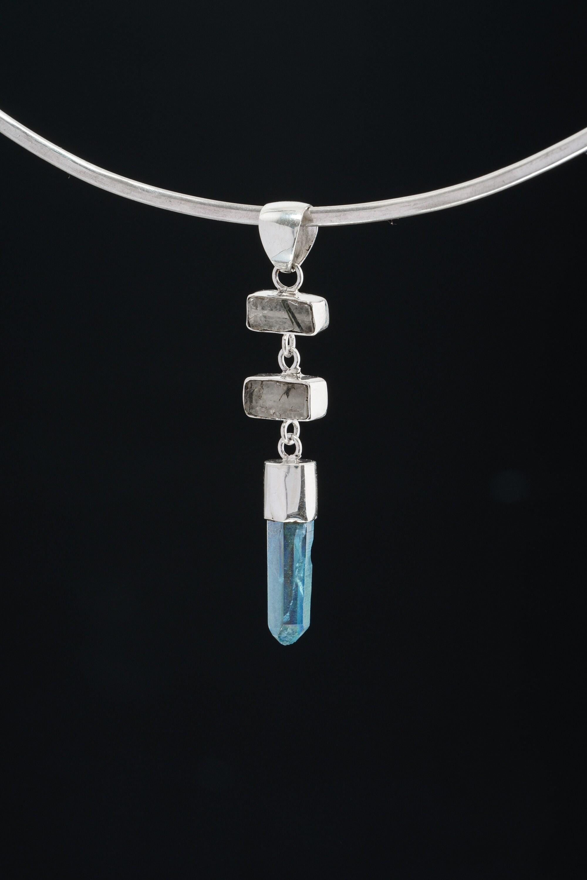 Black Rutile Quartz Lemurian Pendant, Aqua Aura Quartz Necklace, High Shine Sterling Silver, Raw Crystal Pendant Scorpio Zodiac Gift Unique
