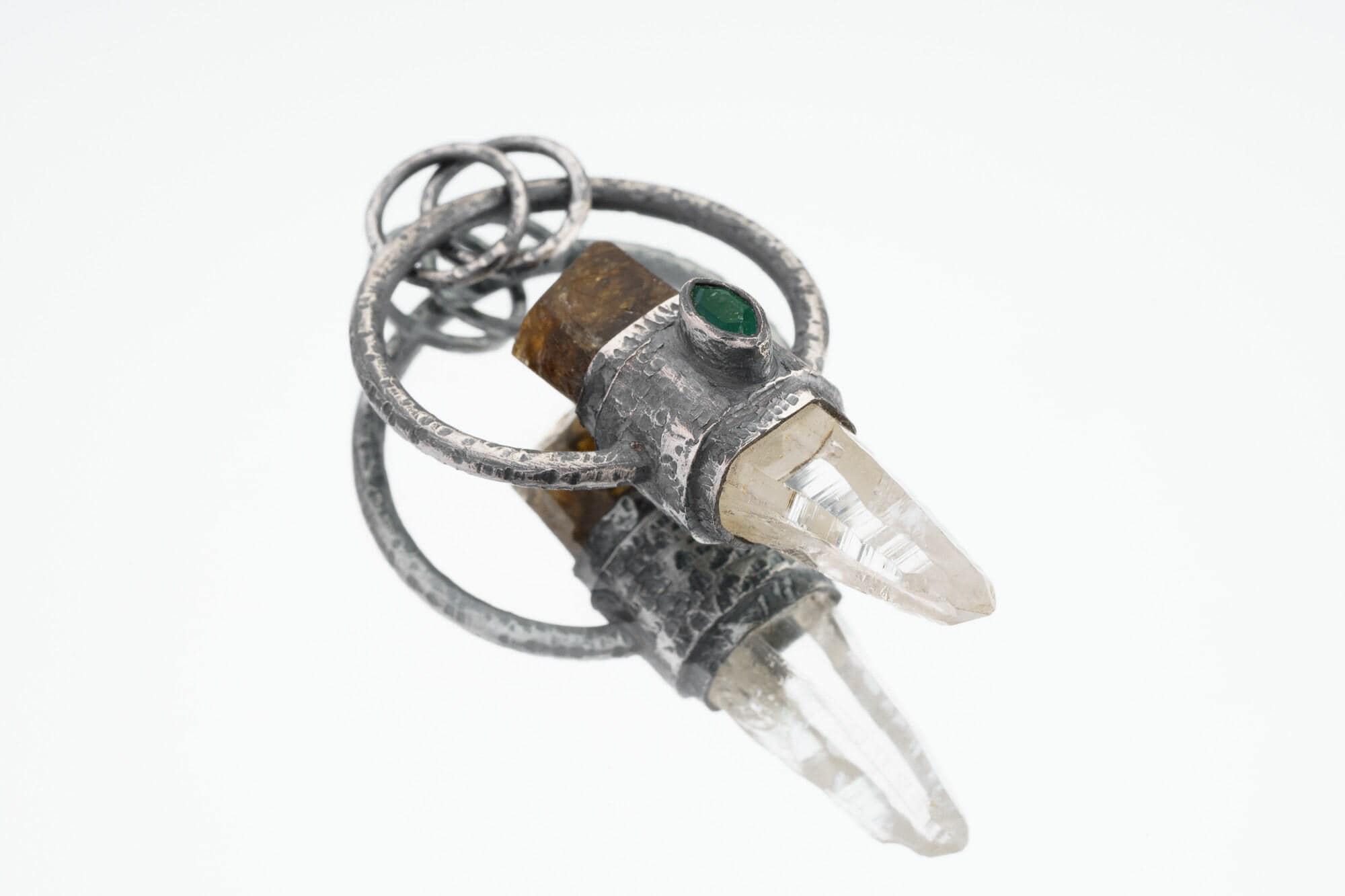 Oxidized Sterling Silver Tourmaline Emerald Quartz Pendant: Chakra Healing Necklace