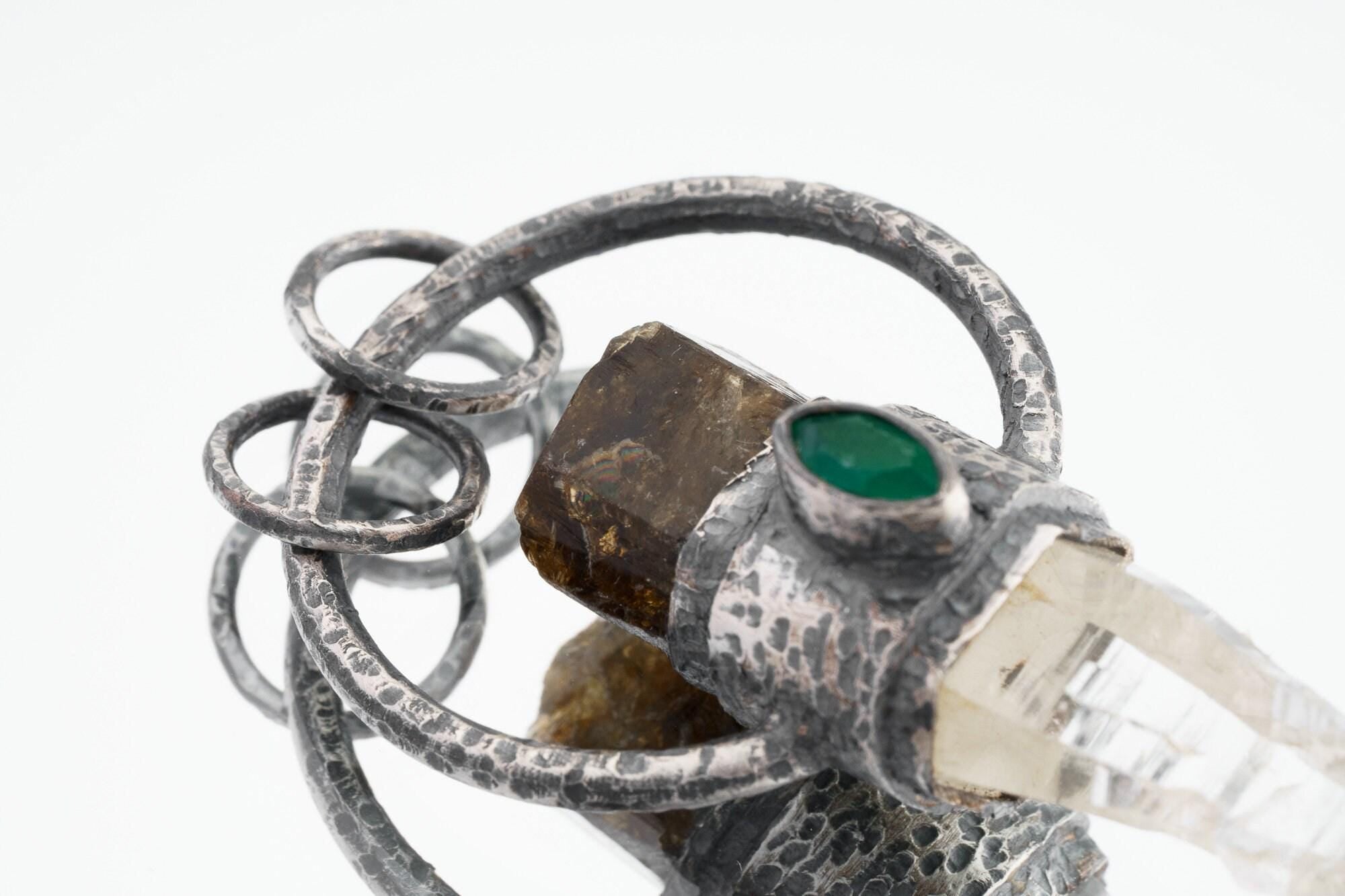 Brown Tourmaline Emerald Quartz, Raw Tourmaline, Lemurian Quartz Crystal Necklace Oxidized 925 Sterling Silver Chakra Healing Unique Gift