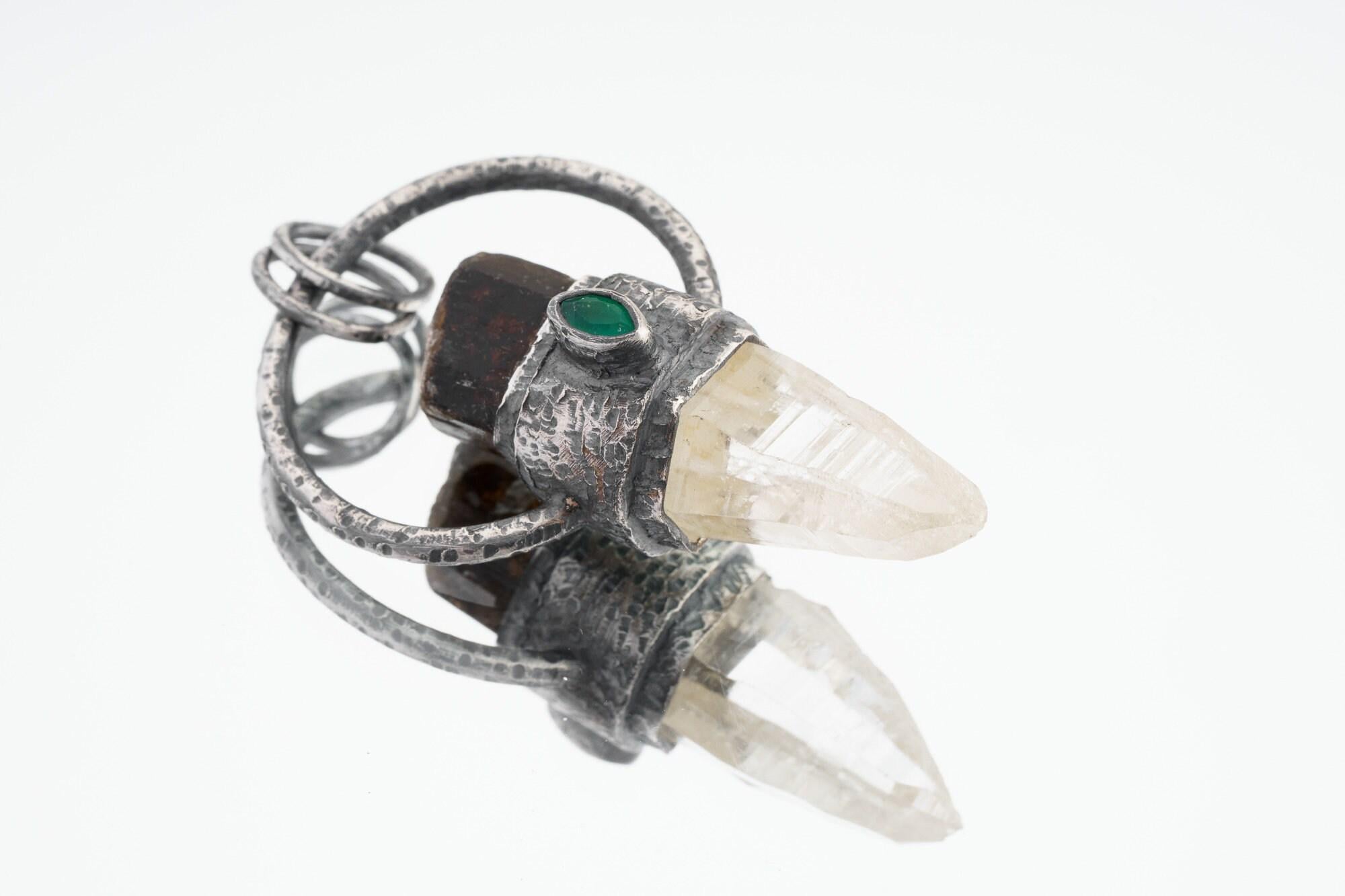 Brown Tourmaline Emerald Quartz, Raw Tourmaline, Lemurian Quartz Crystal Necklace Oxidized 925 Sterling Silver Chakra Healing Unique Gift