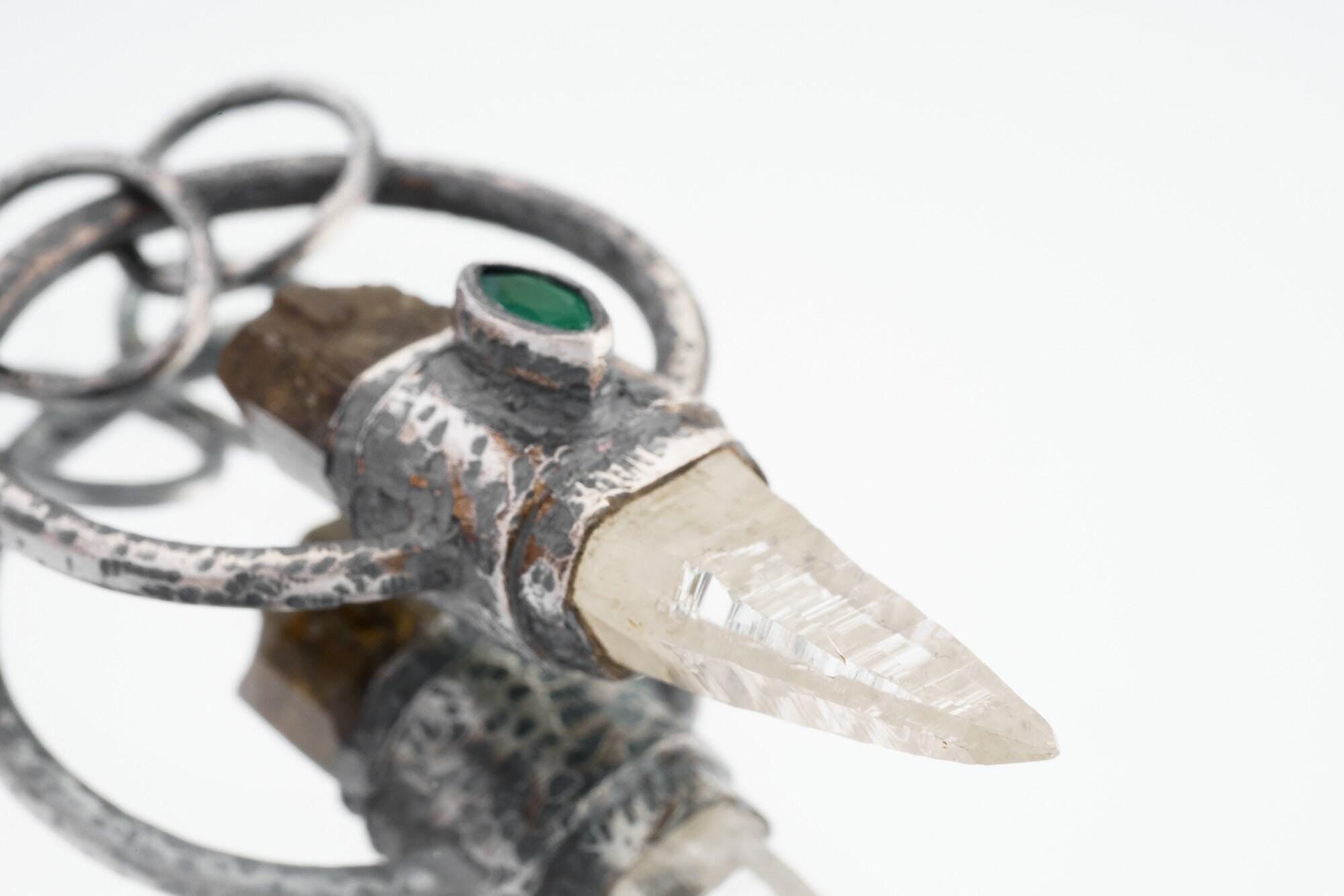 Brown Tourmaline Emerald Quartz, Raw Tourmaline, Lemurian Quartz Crystal Necklace Oxidized 925 Sterling Silver Chakra Healing Unique Gift