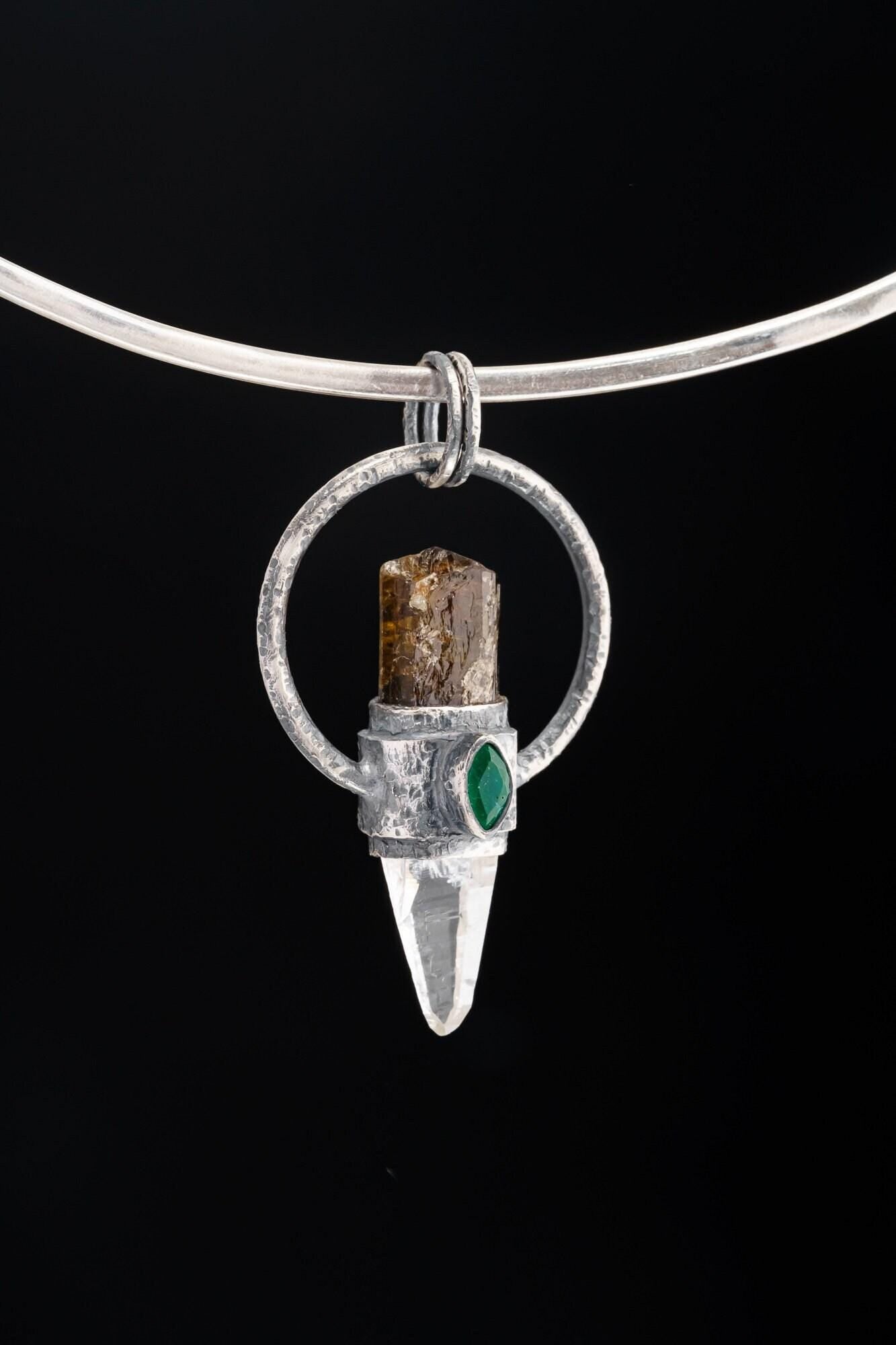Oxidized Sterling Silver Tourmaline Emerald Quartz Pendant: Chakra Healing Necklace