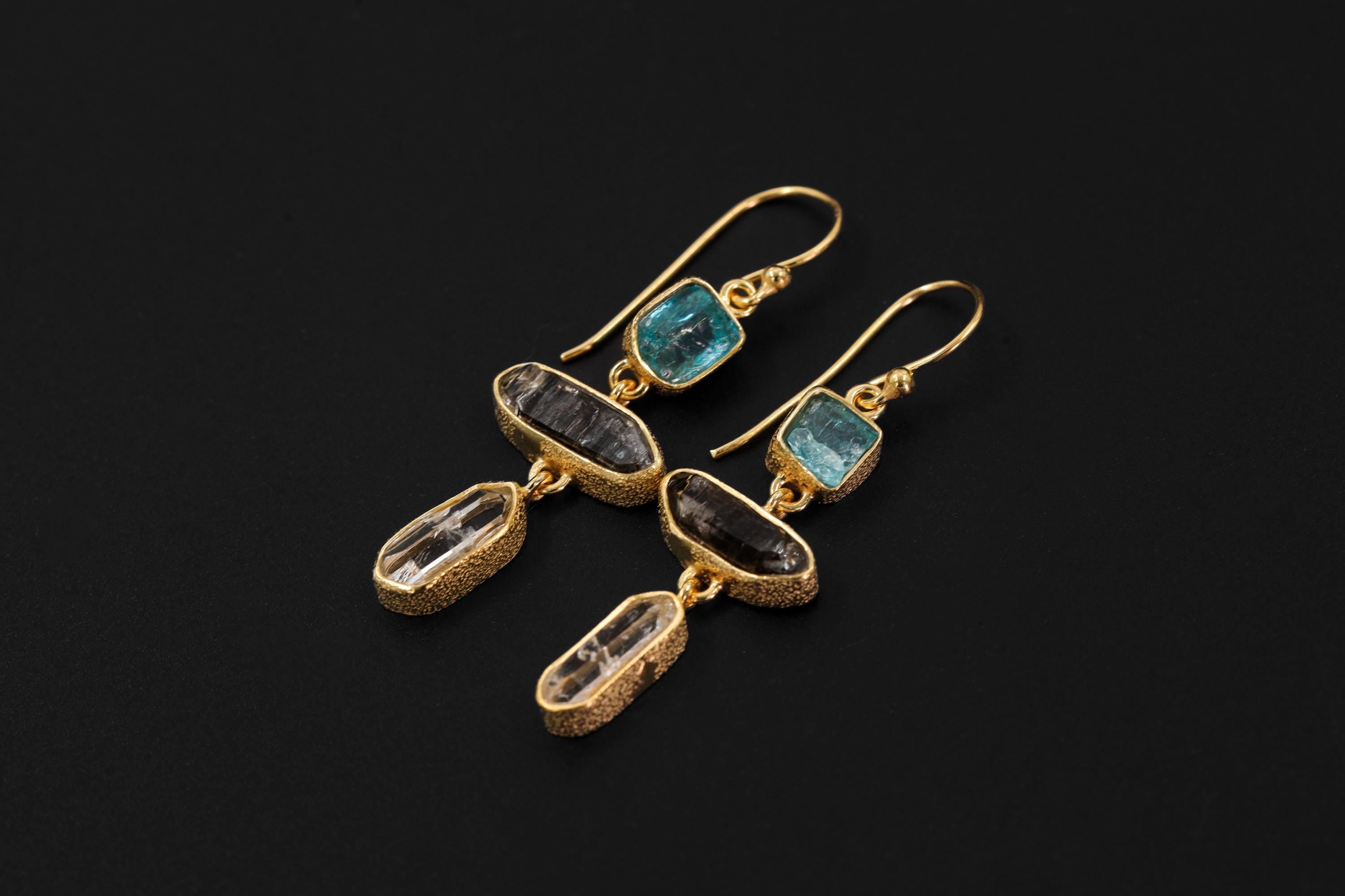 Handmade Blue Apatite Petroleum Quartz Earrings, Gold Vermeil Sterling Silver, Boho Statement Jewelry