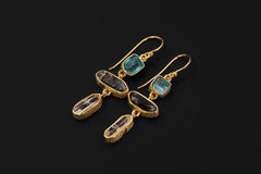 Blue Apatite Petroleum Quartz Earrings, 925 Silver Gold Plated, Dangle Raw Crystal Jewelry, Crown Chakra, Organic Boho Statement Gift