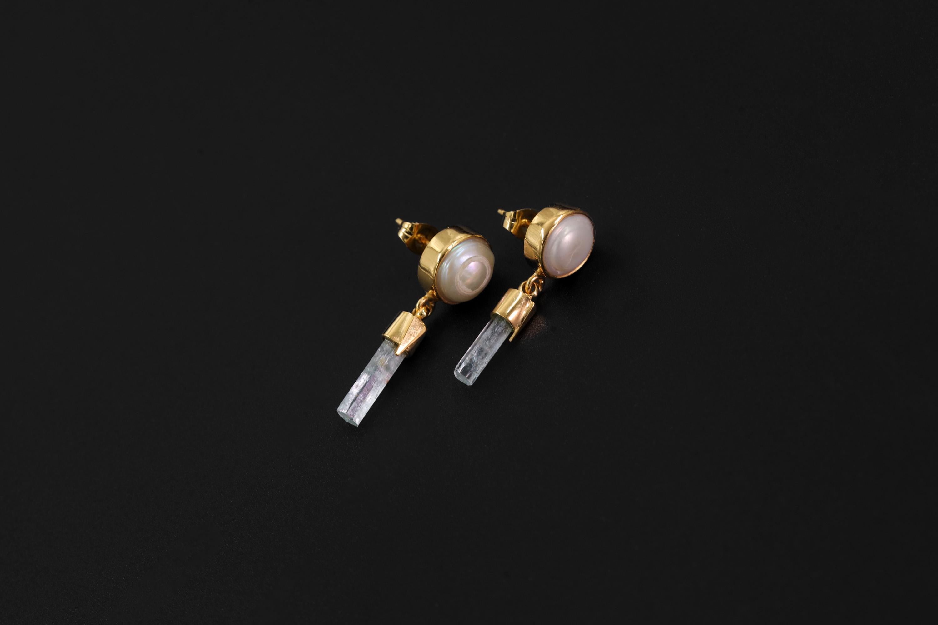 South Sea Pearl Aquamarine Earrings, Raw Crystal Stud Dangles, 18k Gold Plated, Healing Earrings, June Birthstone, Ocean Energy Gift