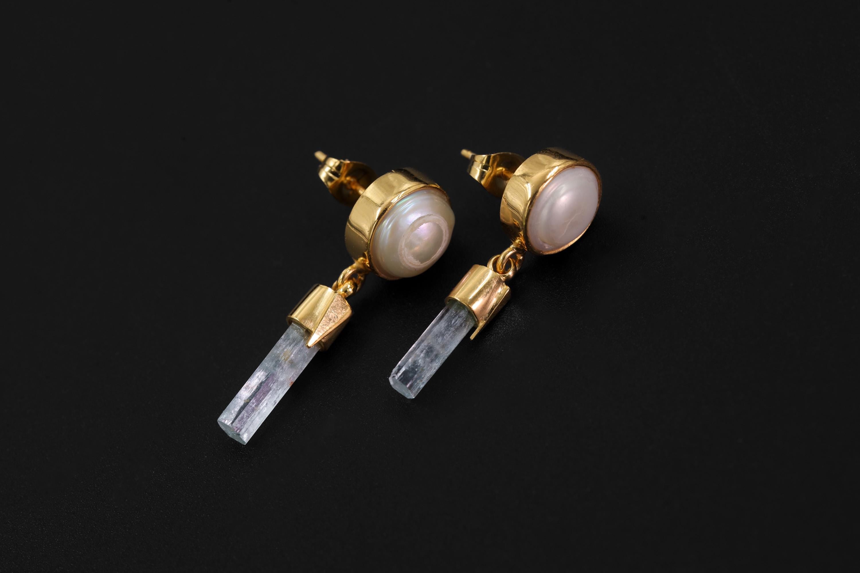 South Sea Pearl Aquamarine Earrings, Raw Crystal Stud Dangles, 18k Gold Plated, Healing Earrings, June Birthstone, Ocean Energy Gift