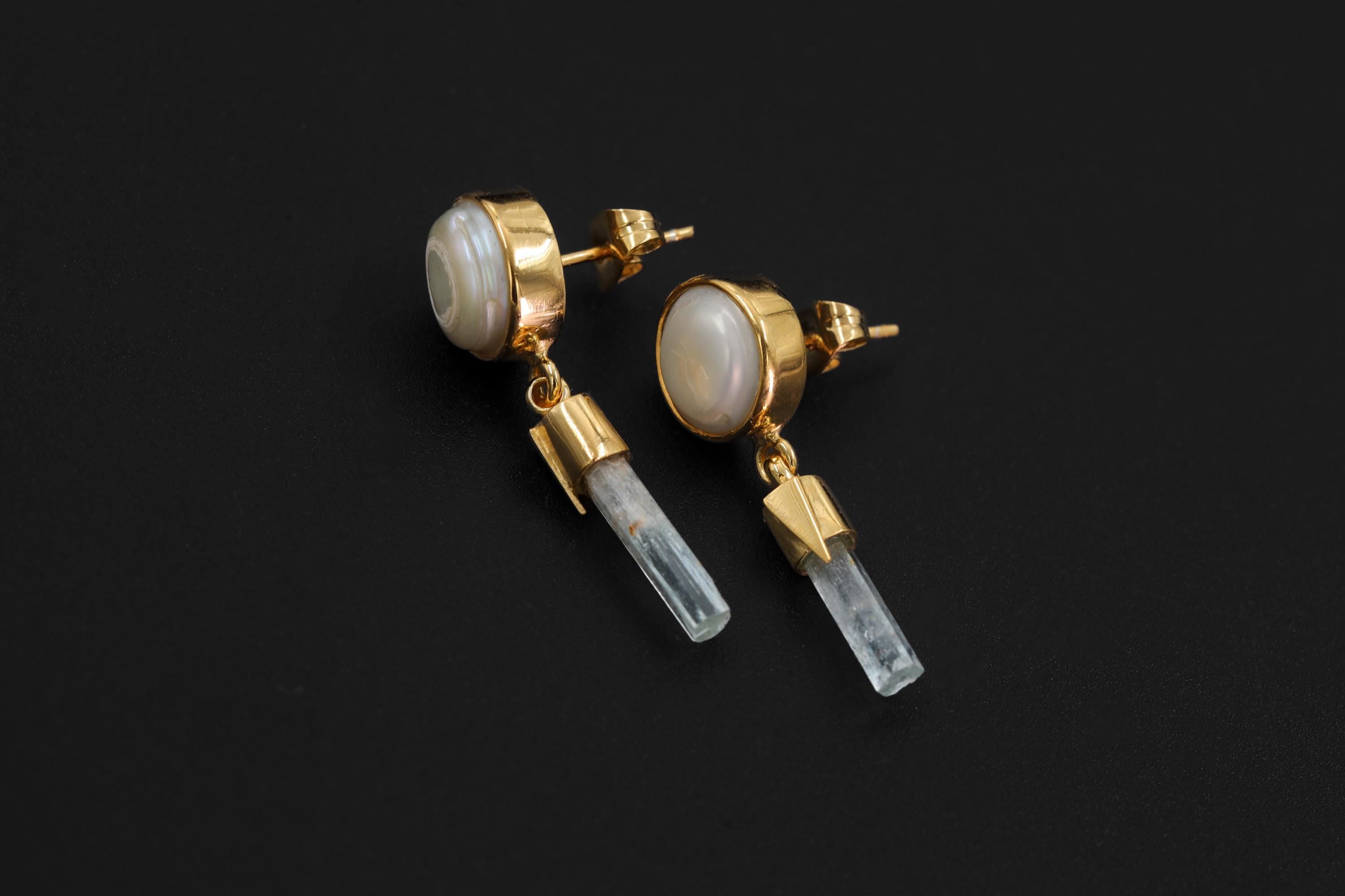South Sea Pearl Aquamarine Earrings, Raw Crystal Stud Dangles, 18k Gold Plated, Healing Earrings, June Birthstone, Ocean Energy Gift