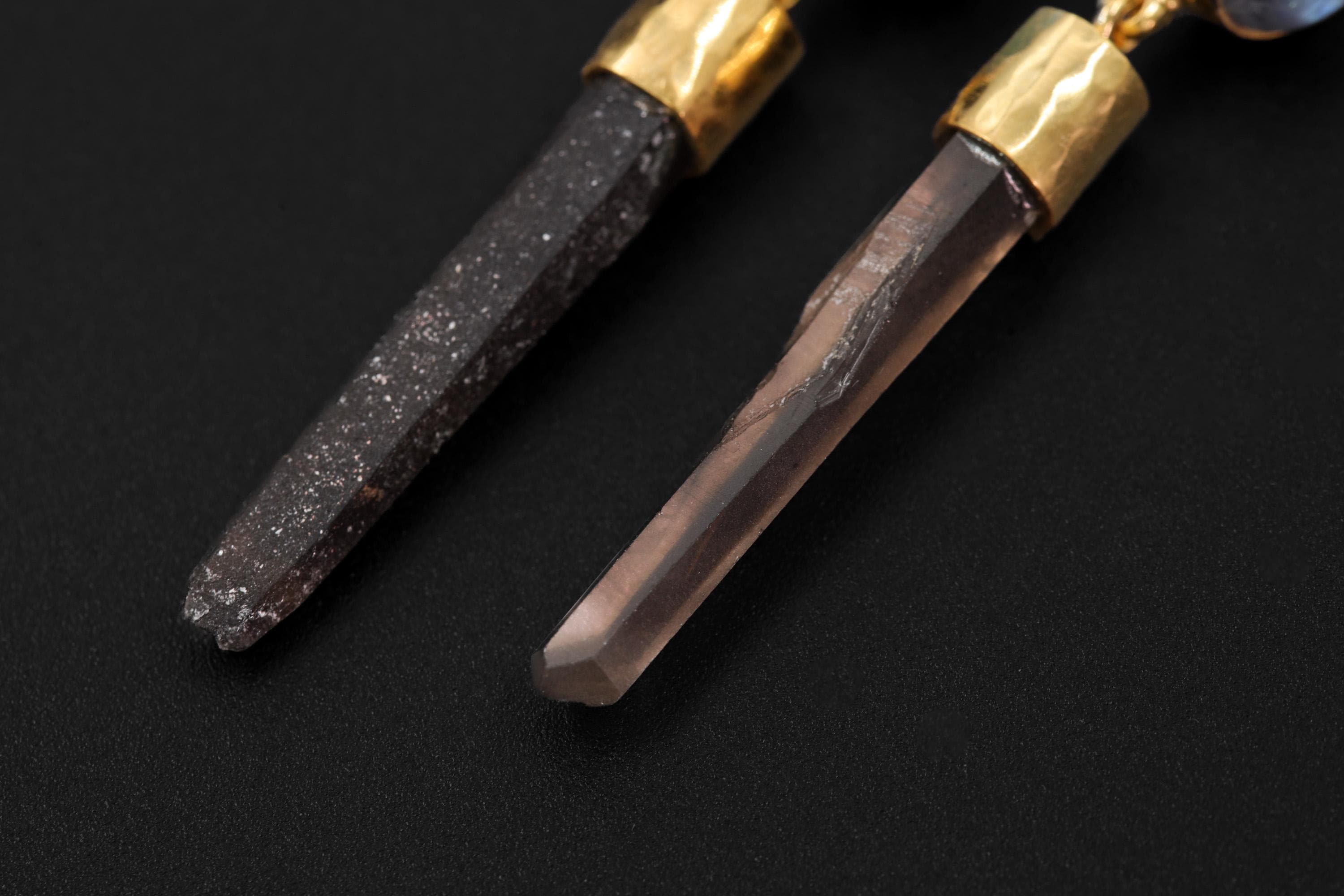 Blue Moonstone Smoky Quartz Earrings, 925 Silver 18K Gold Plated, Hammered Texture, Crystal Dangle Studs, Spiritual Healing Jewelry