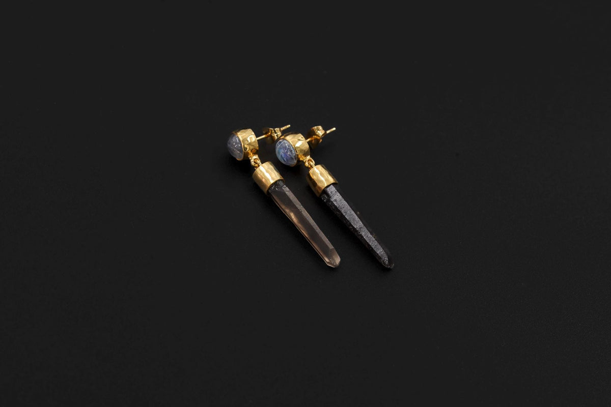Blue Moonstone Smoky Quartz Earrings, 925 Silver 18K Gold Plated, Hammered Texture, Crystal Dangle Studs, Spiritual Healing Jewelry