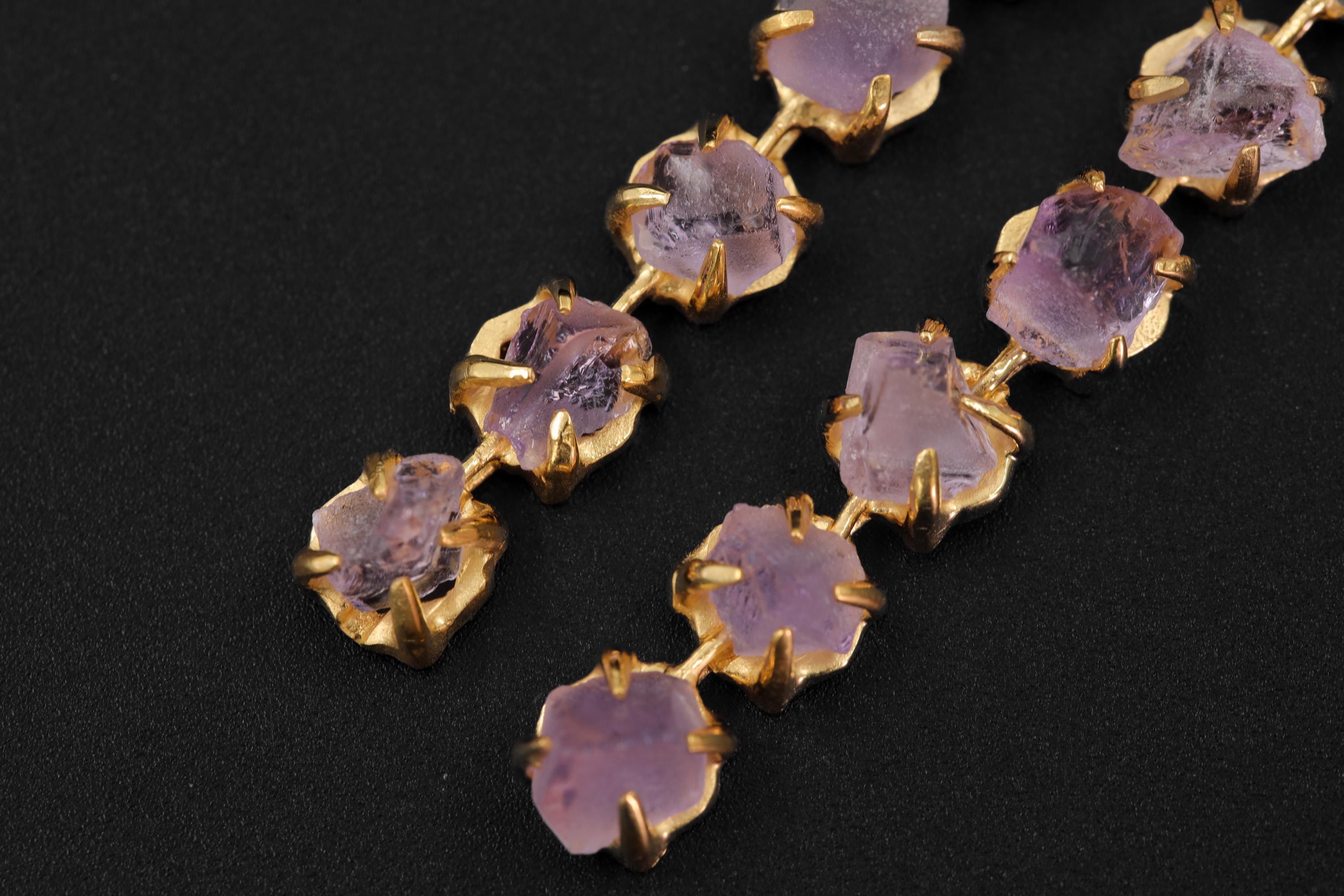 Amethyst Dangle Earrings, Raw Purple Gemstone, 18K Gold Plated 925 Silver, Long Statement Earrings, Healing Crystal Jewelry Gift