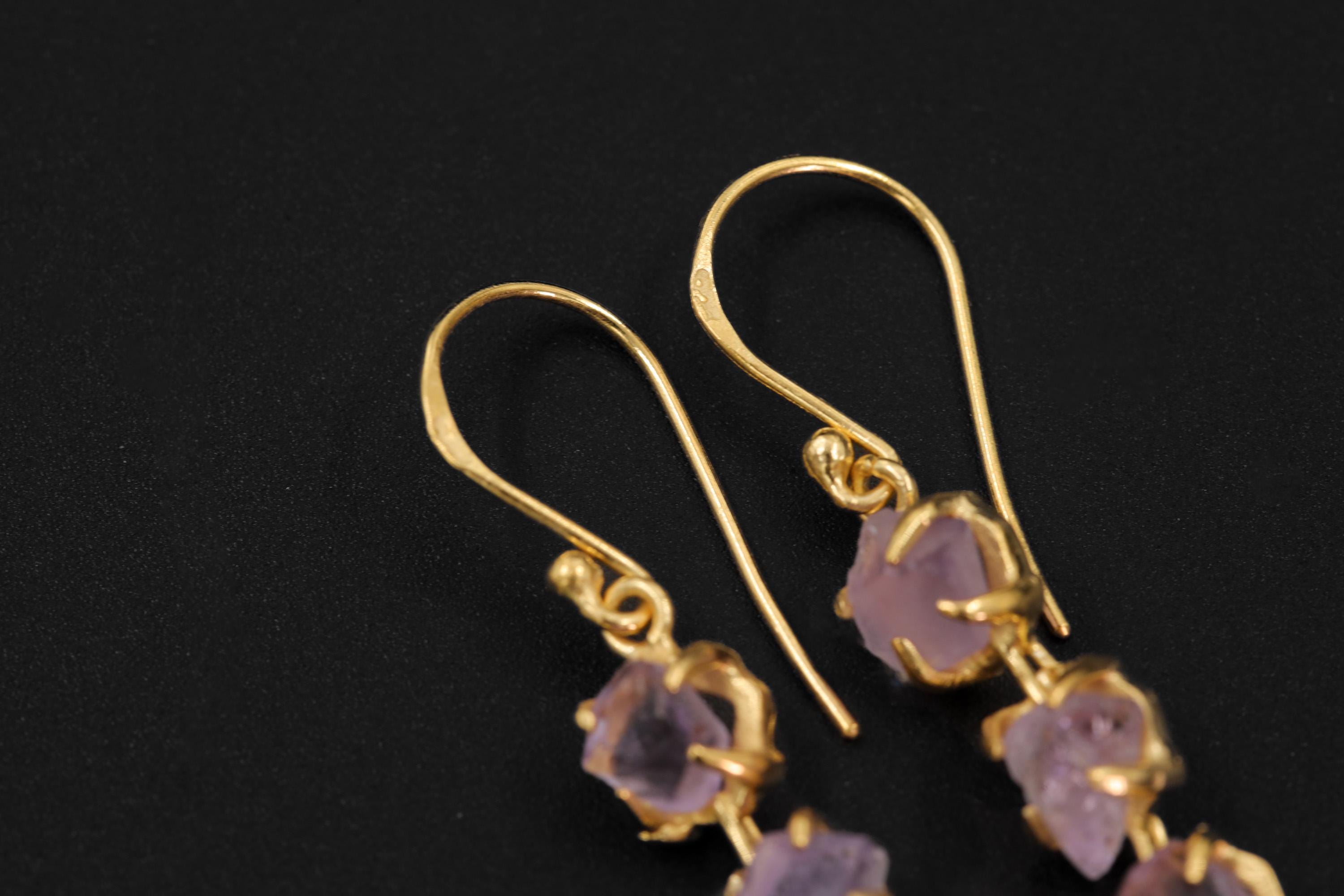 Amethyst Dangle Earrings, Raw Purple Gemstone, 18K Gold Plated 925 Silver, Long Statement Earrings, Healing Crystal Jewelry Gift