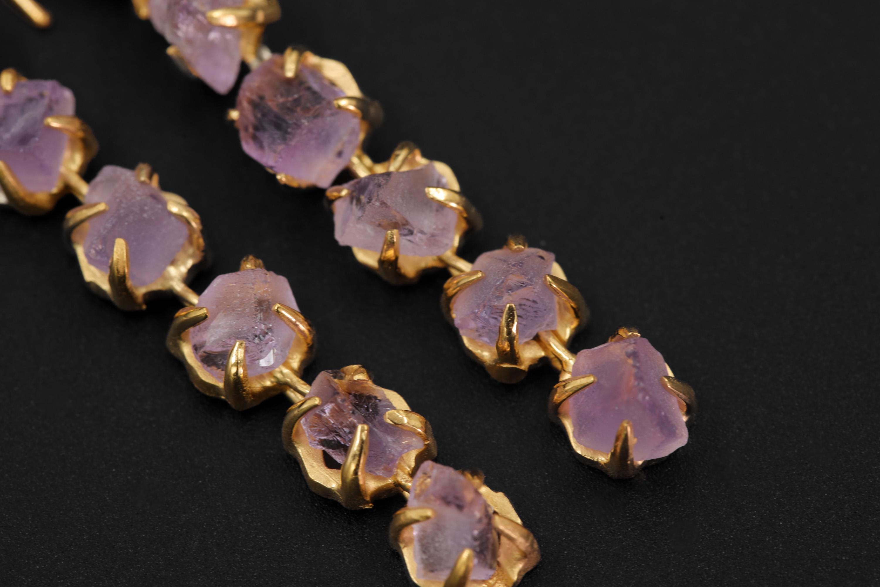Raw Amethyst Dangle Earrings, 18K Gold Plated Sterling Silver, Healing Jewelry