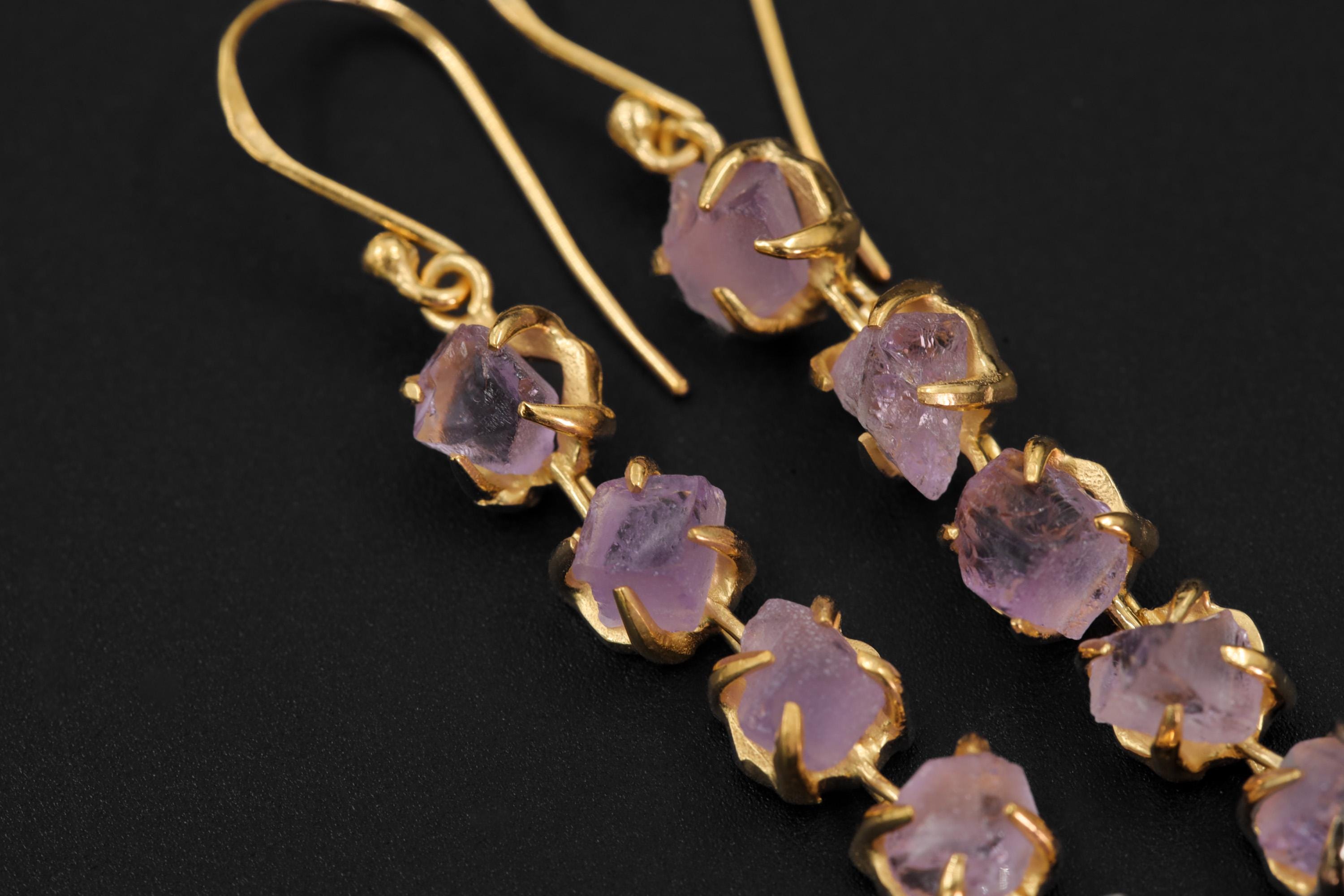 Amethyst Dangle Earrings, Raw Purple Gemstone, 18K Gold Plated 925 Silver, Long Statement Earrings, Healing Crystal Jewelry Gift