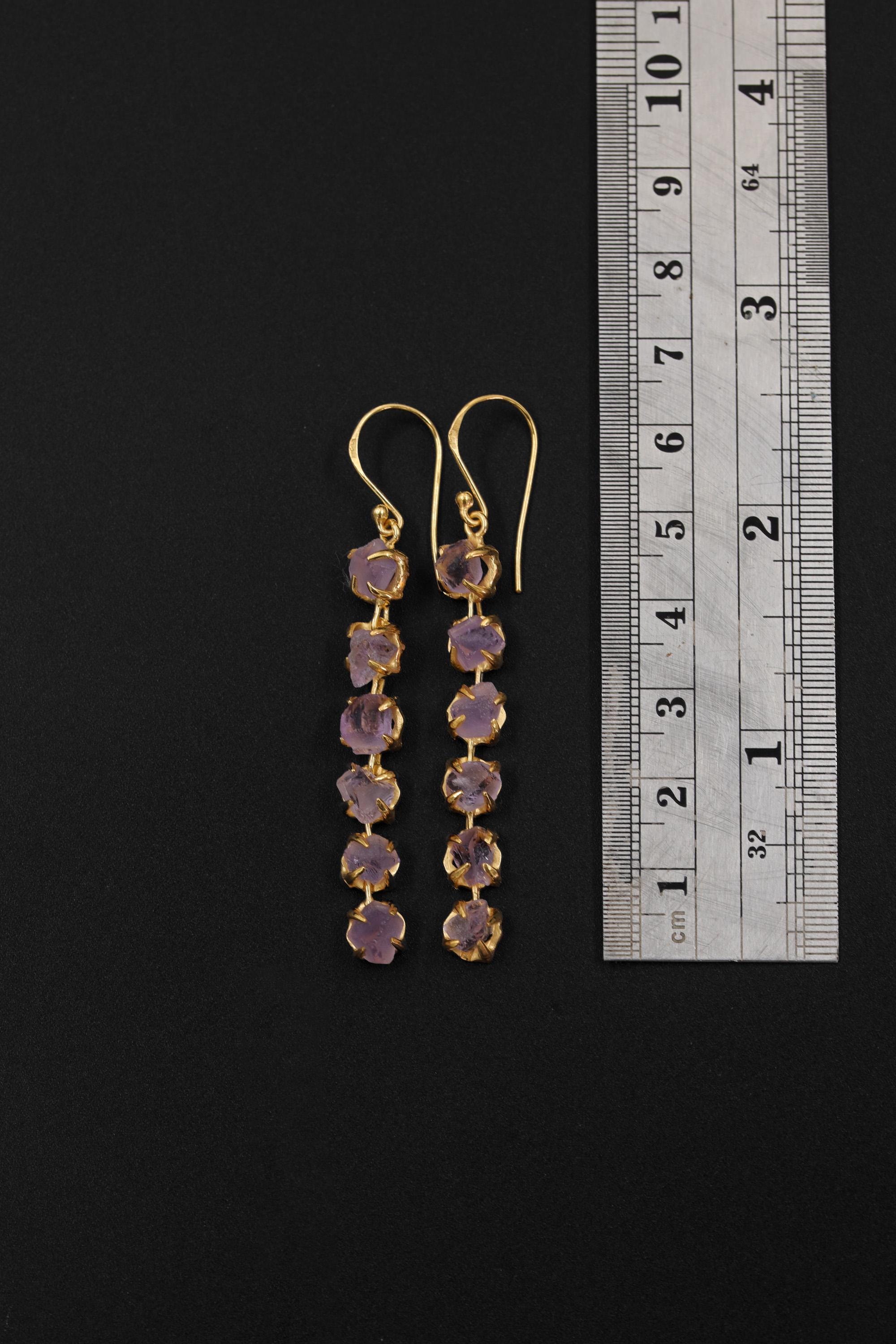 Amethyst Dangle Earrings, Raw Purple Gemstone, 18K Gold Plated 925 Silver, Long Statement Earrings, Healing Crystal Jewelry Gift