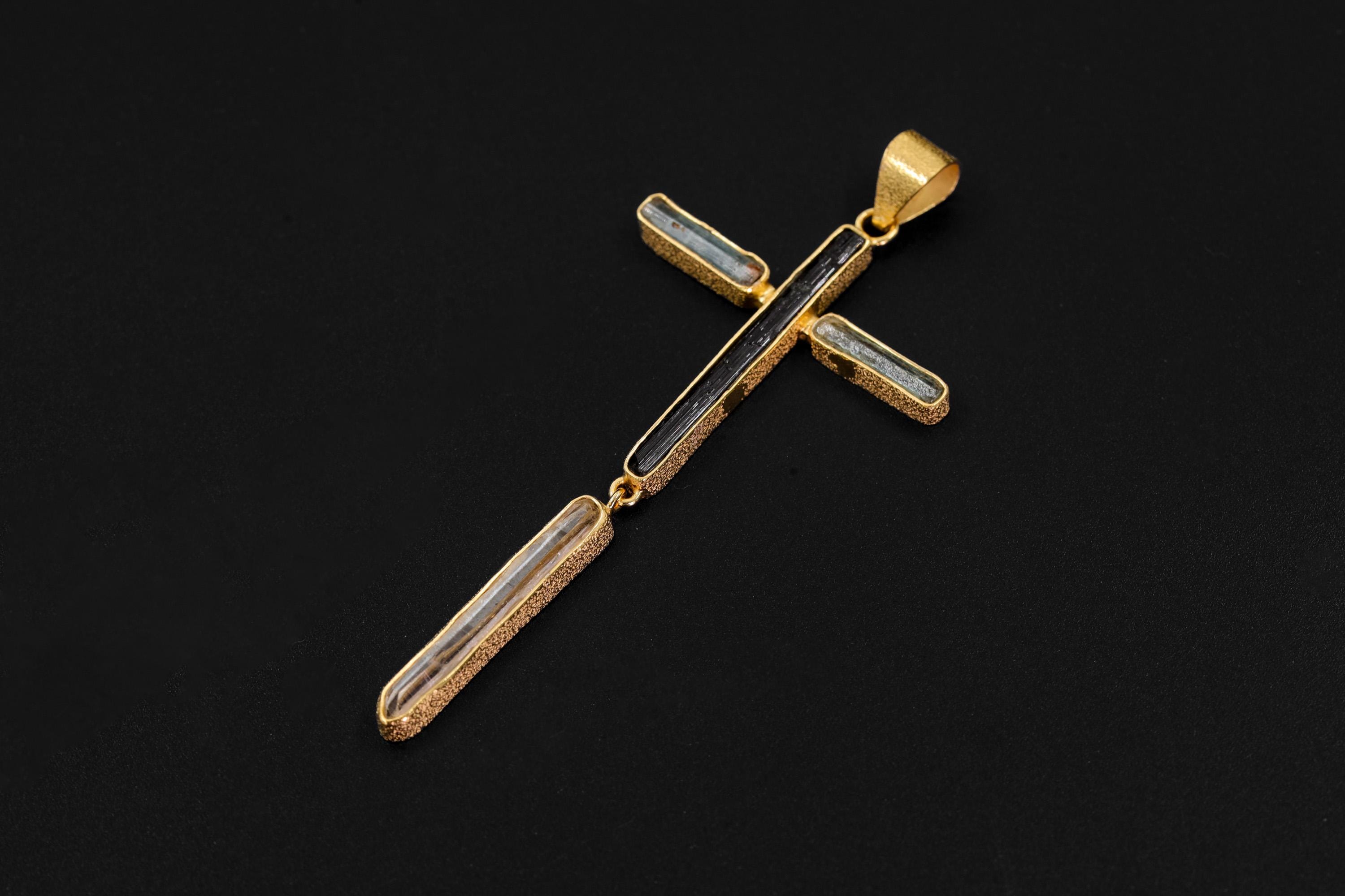 Aquamarine Black Tourmaline Clear Quartz Cross Pendant, 18K Gold Plated 925 Silver, Spiritual Protection Necklace, Healing Crystal Jewelry