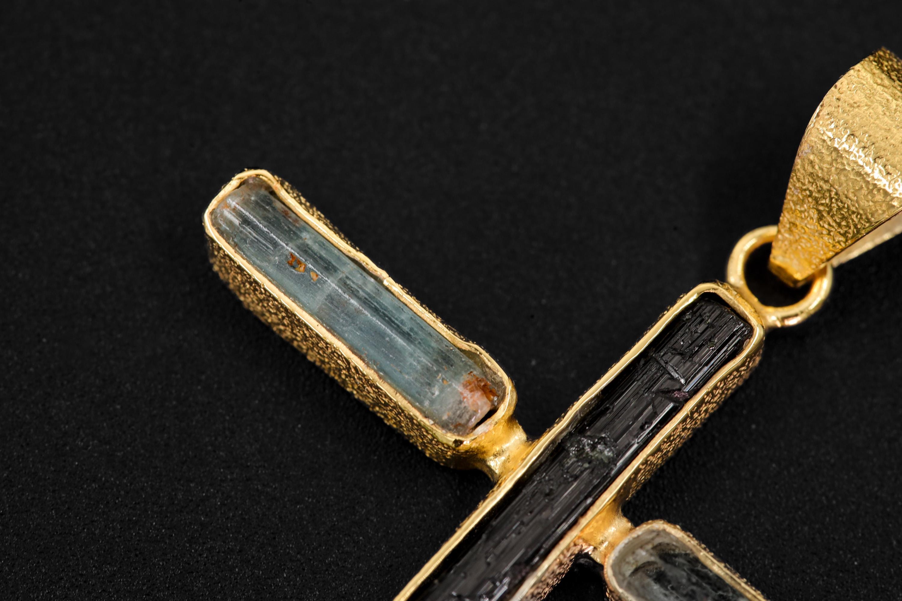 Aquamarine Black Tourmaline Clear Quartz Cross Pendant, 18K Gold Plated 925 Silver, Spiritual Protection Necklace, Healing Crystal Jewelry