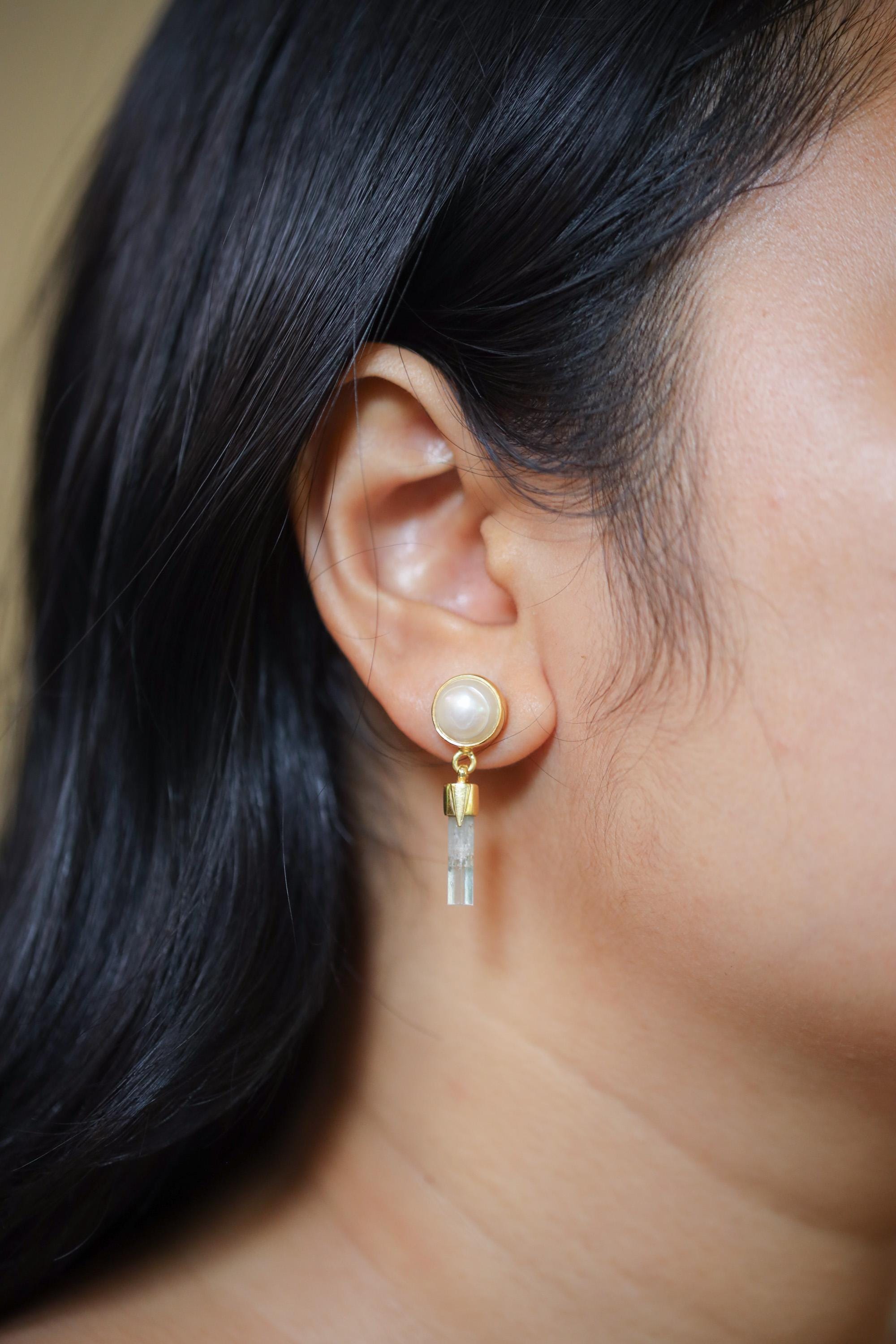 South Sea Pearl Aquamarine Earrings, Raw Crystal Stud Dangles, 18k Gold Plated, Healing Earrings, June Birthstone, Ocean Energy Gift