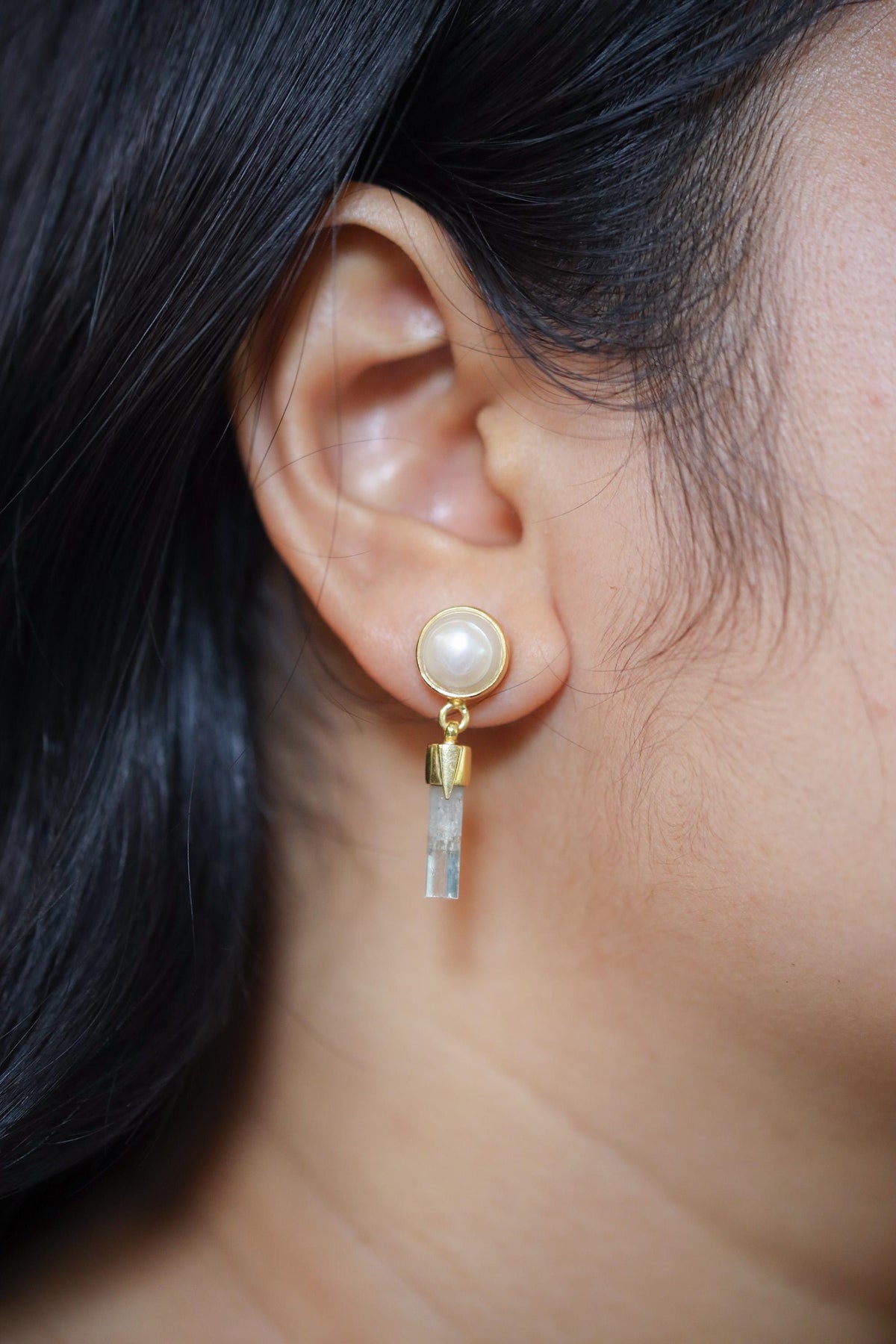South Sea Pearl Aquamarine Earrings, Raw Crystal Stud Dangles, 18k Gold Plated, Healing Earrings, June Birthstone, Ocean Energy Gift