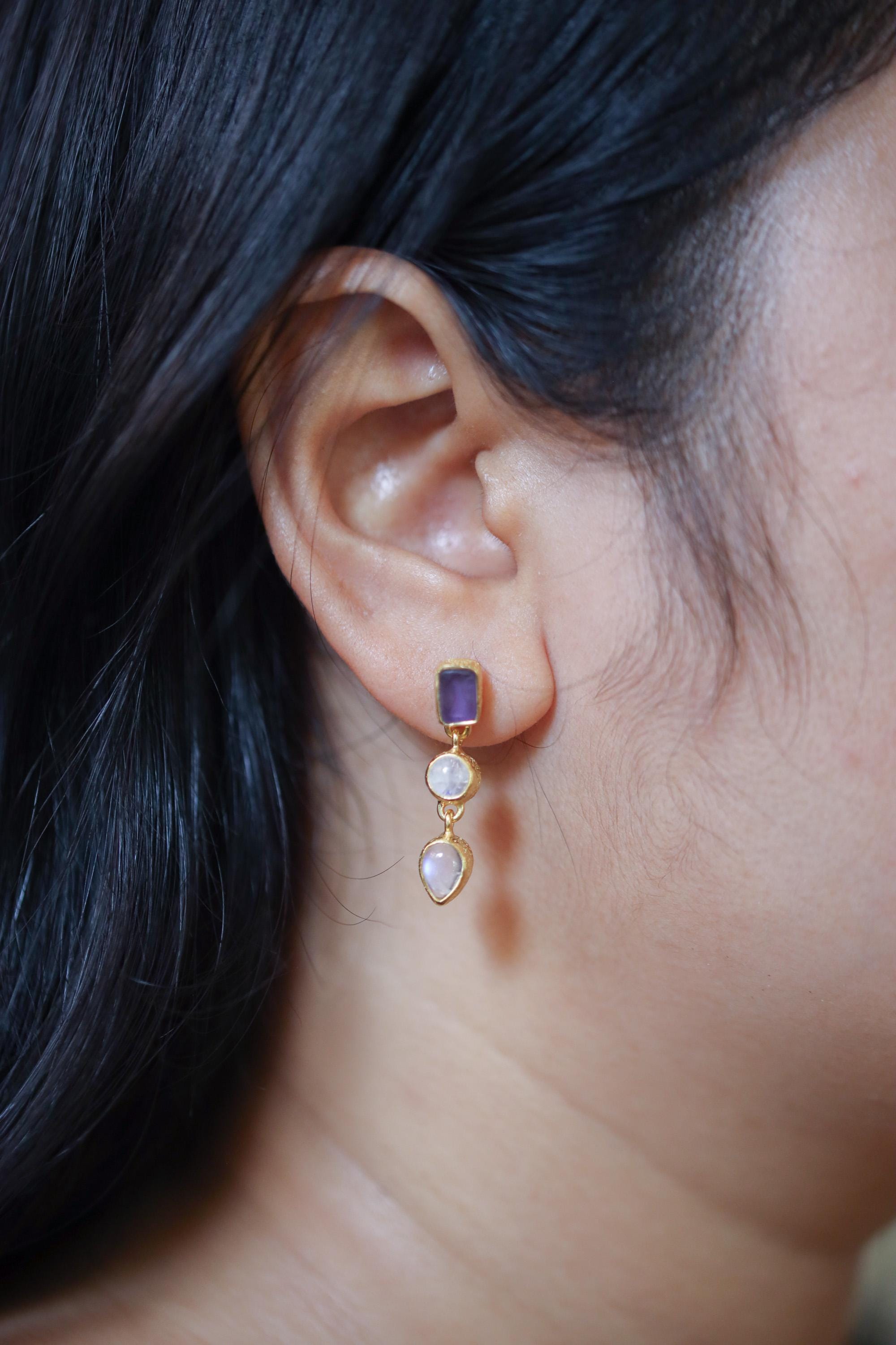 Amethyst & Moonstone Earrings with Sand Textured Sterling Silver Stud, 18K Gold Plated 3 Micron, Intuition and Chakra Healing, Unique Gift