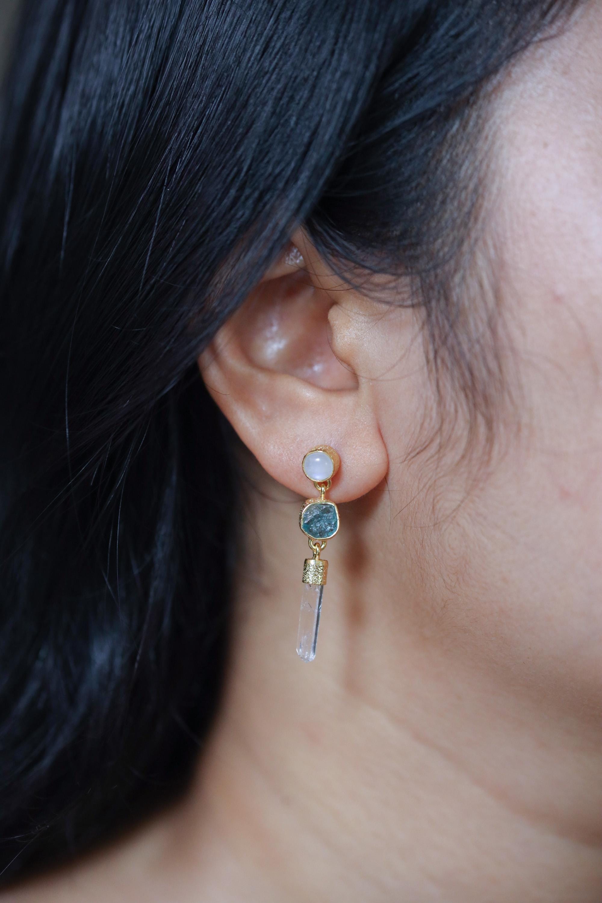 Moonstone Blue Apatite & Raw Quartz Earrings, Sand Textured, Sterling Silver Studs 18k 3 Micron Gold Plated Chakra Healing Spiritual Jewelry