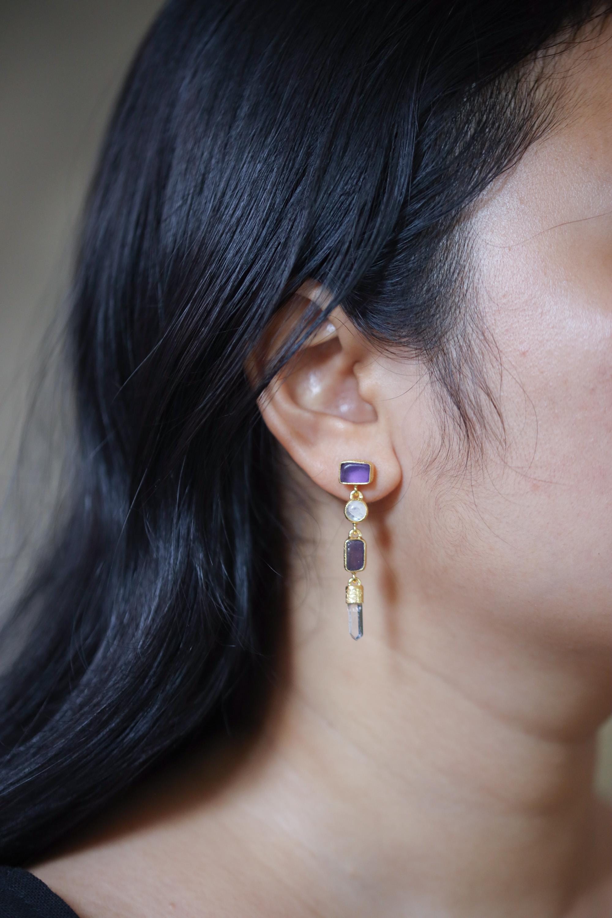 Amethyst, Blue Moonstone & Raw Quartz Earrings – 18K Gold Plated 3 Micron Sand Textured Studs, Third Eye Crown Chakra Unique Spiritual Gift