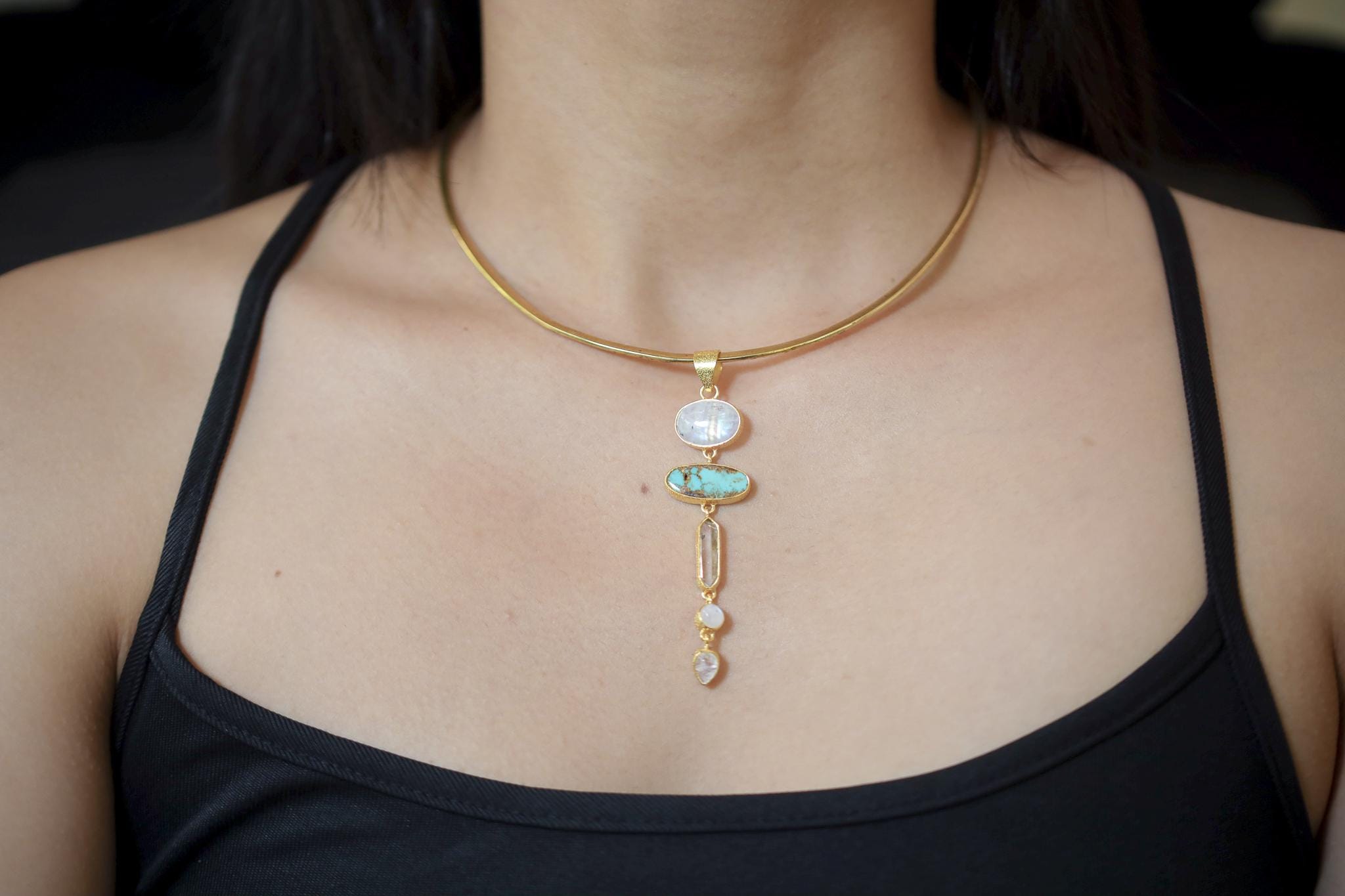 Moonstone, Sleeping Beauty Turquoise, Raw Quartz Pendant, 18K Gold Plated 925 Silver, Chakra Necklace, Unique Blue Gem Gift, Organic Texture