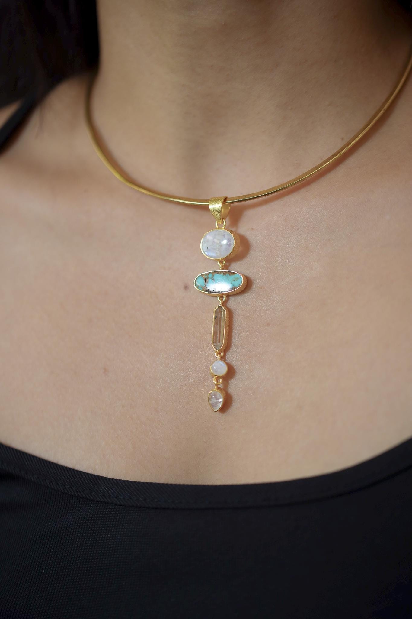 Moonstone, Sleeping Beauty Turquoise, Raw Quartz Pendant, 18K Gold Plated 925 Silver, Chakra Necklace, Unique Blue Gem Gift, Organic Texture