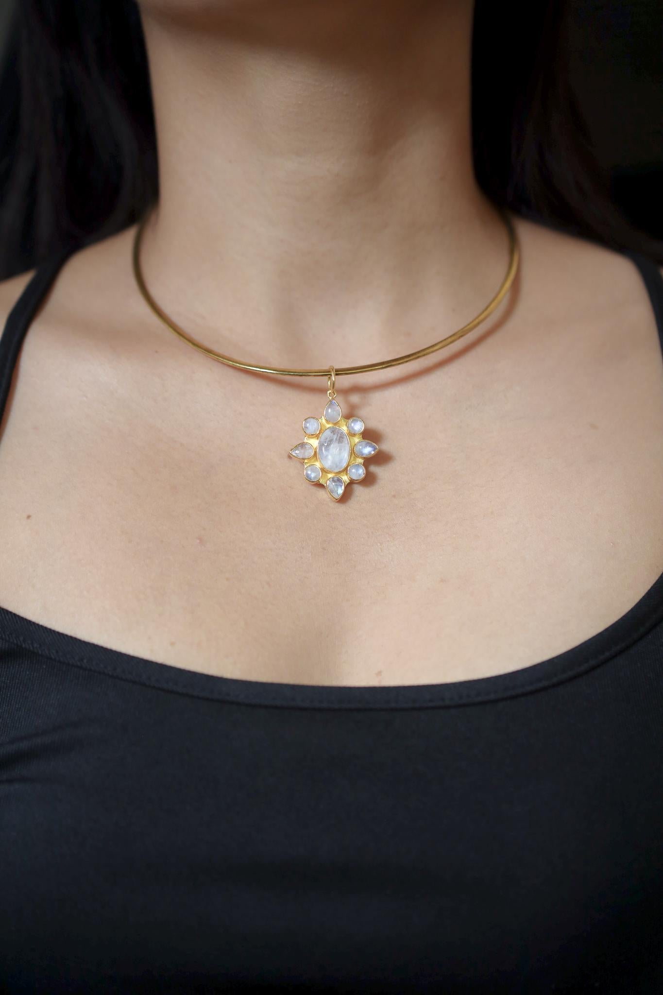 Blue Moonstone Sunflower Pendant, 18K Gold Plated 925 Silver, Flower Necklace, Moon Magic Jewelry, Crown Chakra Gift, Boho Goddess