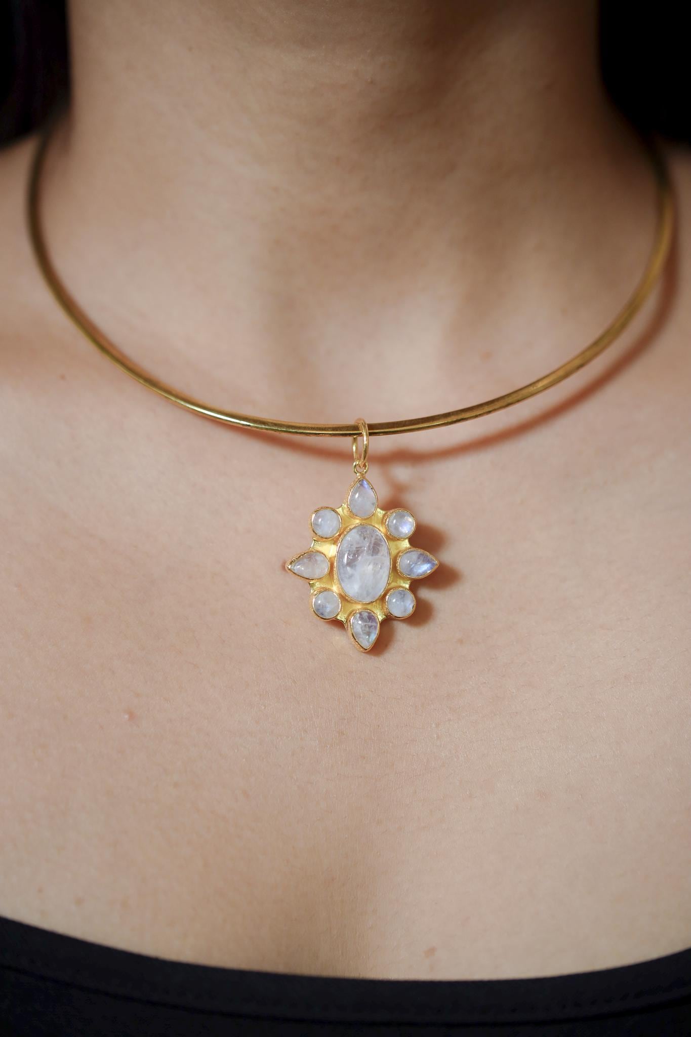Blue Moonstone Sunflower Pendant, 18K Gold Plated Sterling Silver Necklace, Handmade