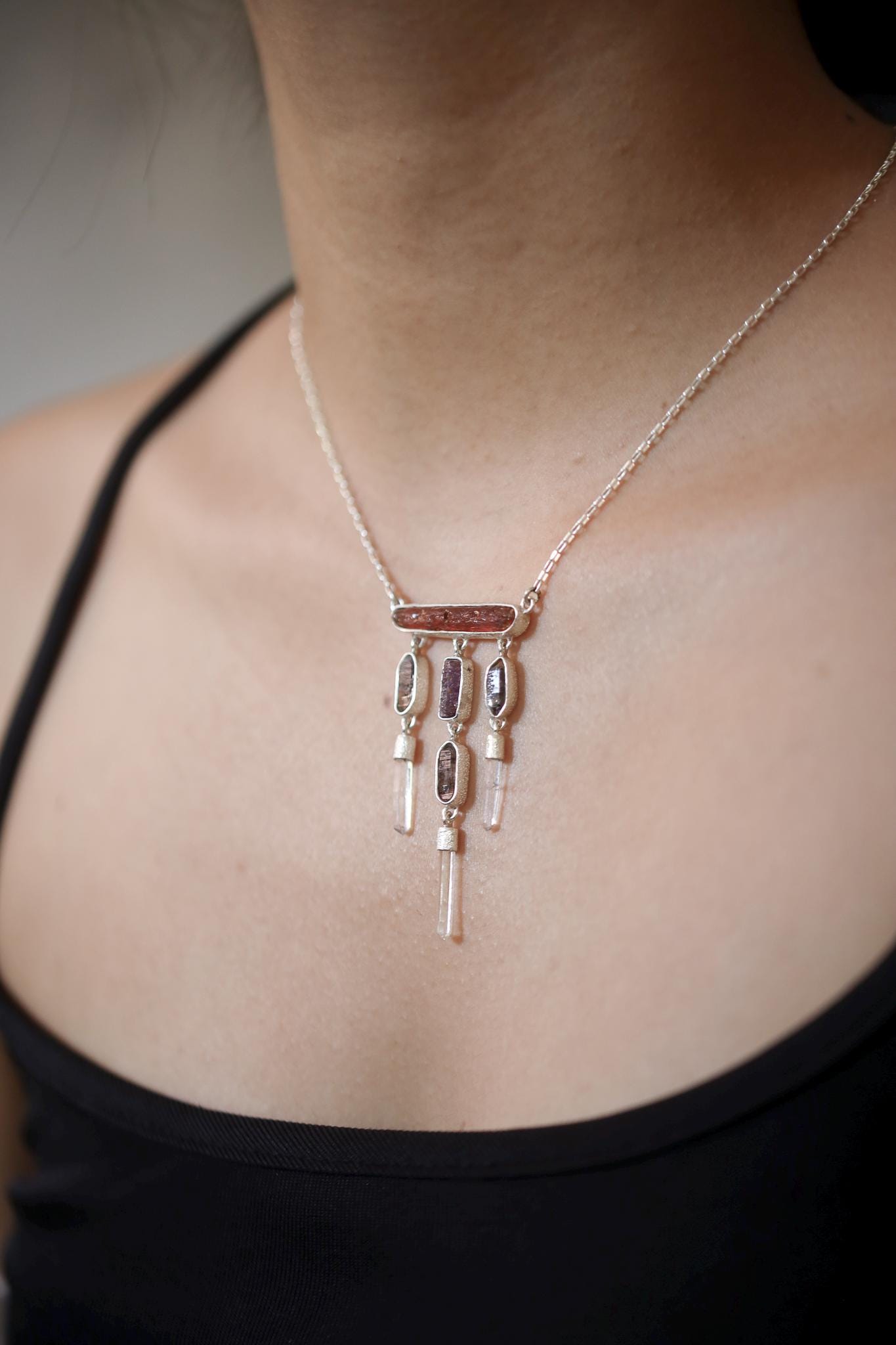 Red Kyanite, Ruby, Petroleum Smoky Quartz, Clear Quartz Necklace, 925 Silver Totem Pendant, Raw Crystal, Spiritual Jewelry, Statement Gift