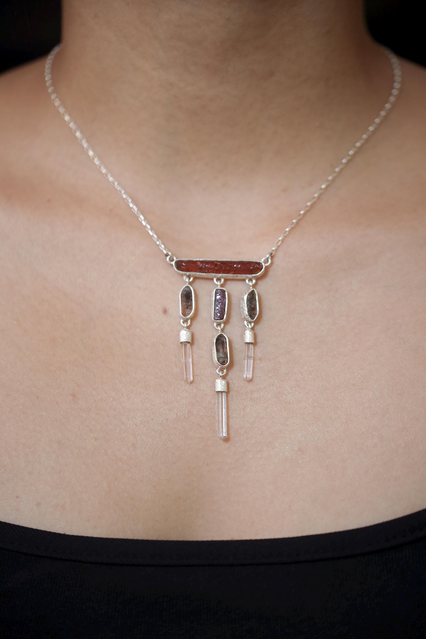 Red Kyanite, Ruby, Petroleum Smoky Quartz, Clear Quartz Necklace, 925 Silver Totem Pendant, Raw Crystal, Spiritual Jewelry, Statement Gift