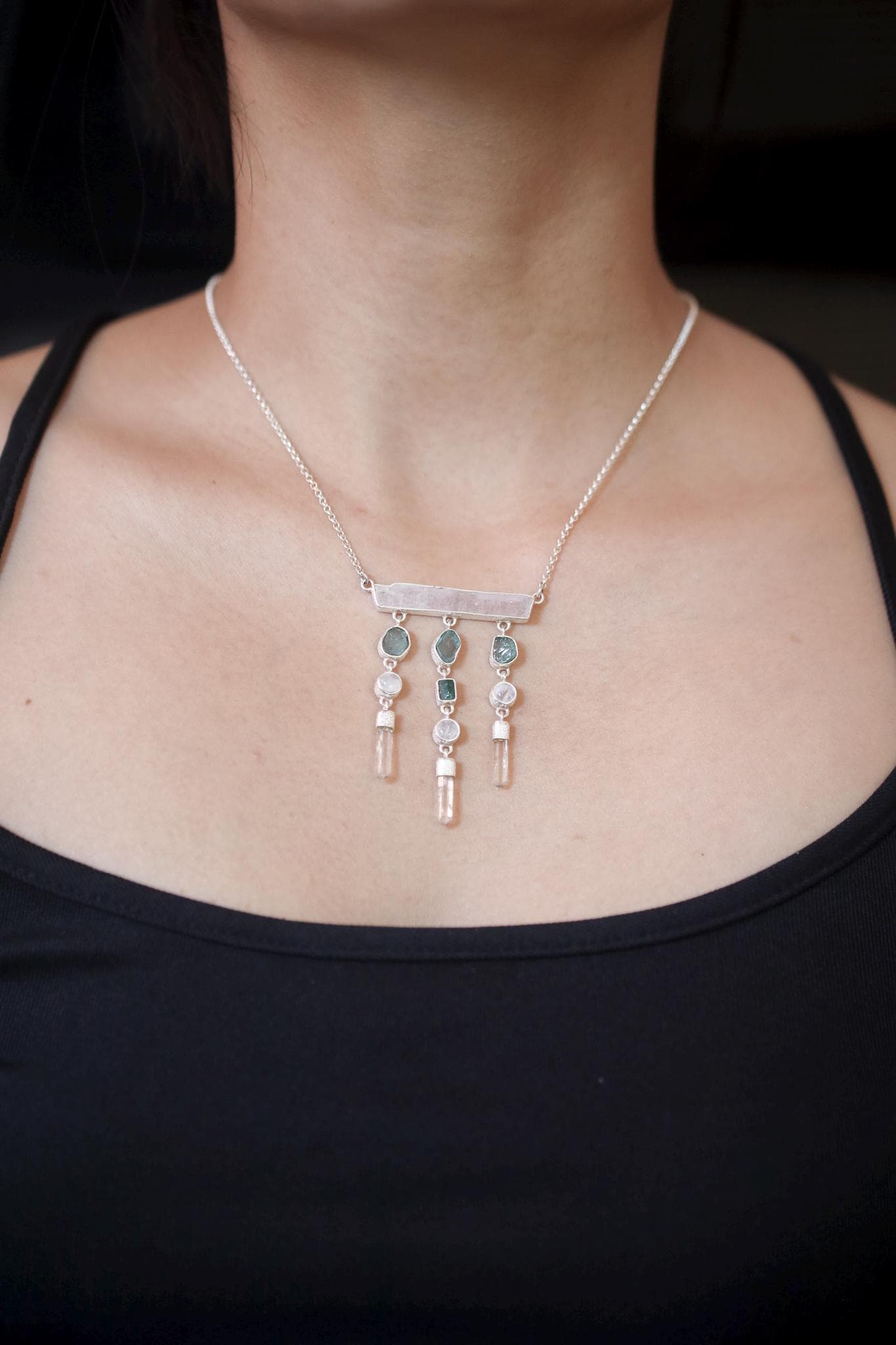 Pink Kunzite, Blue Apatite, Moonstone, Clear Quartz Necklace, 925 Silver, Raw Crystal Dangle, Feminine Energy Jewelry, Spiritual Boho Gift