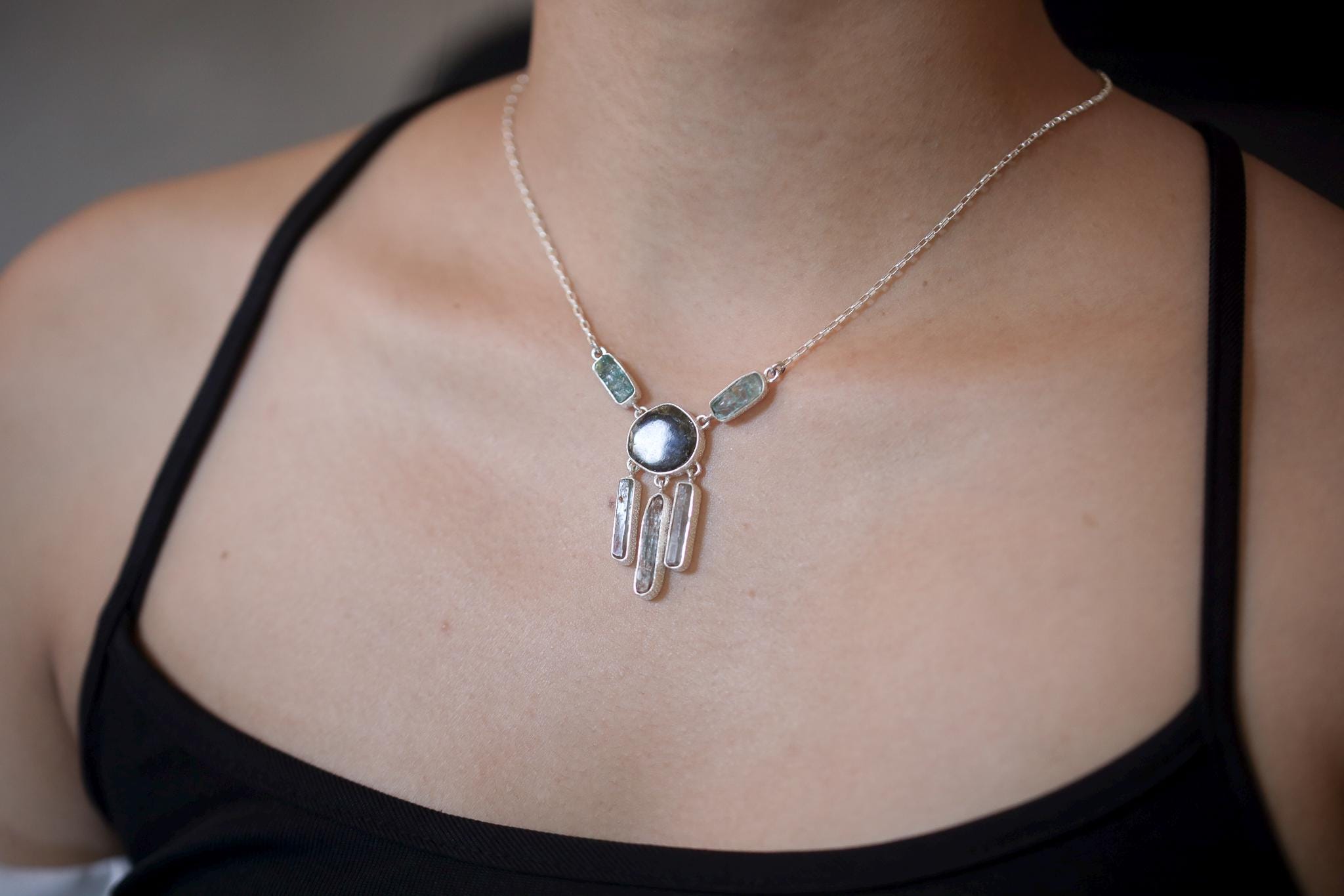 Green Tourmaline Slice, Gem Blue apatite, Aquamarine wand Necklace, 925 Silver with Box Chain, High Polish, Organic Texture, Gift for Her