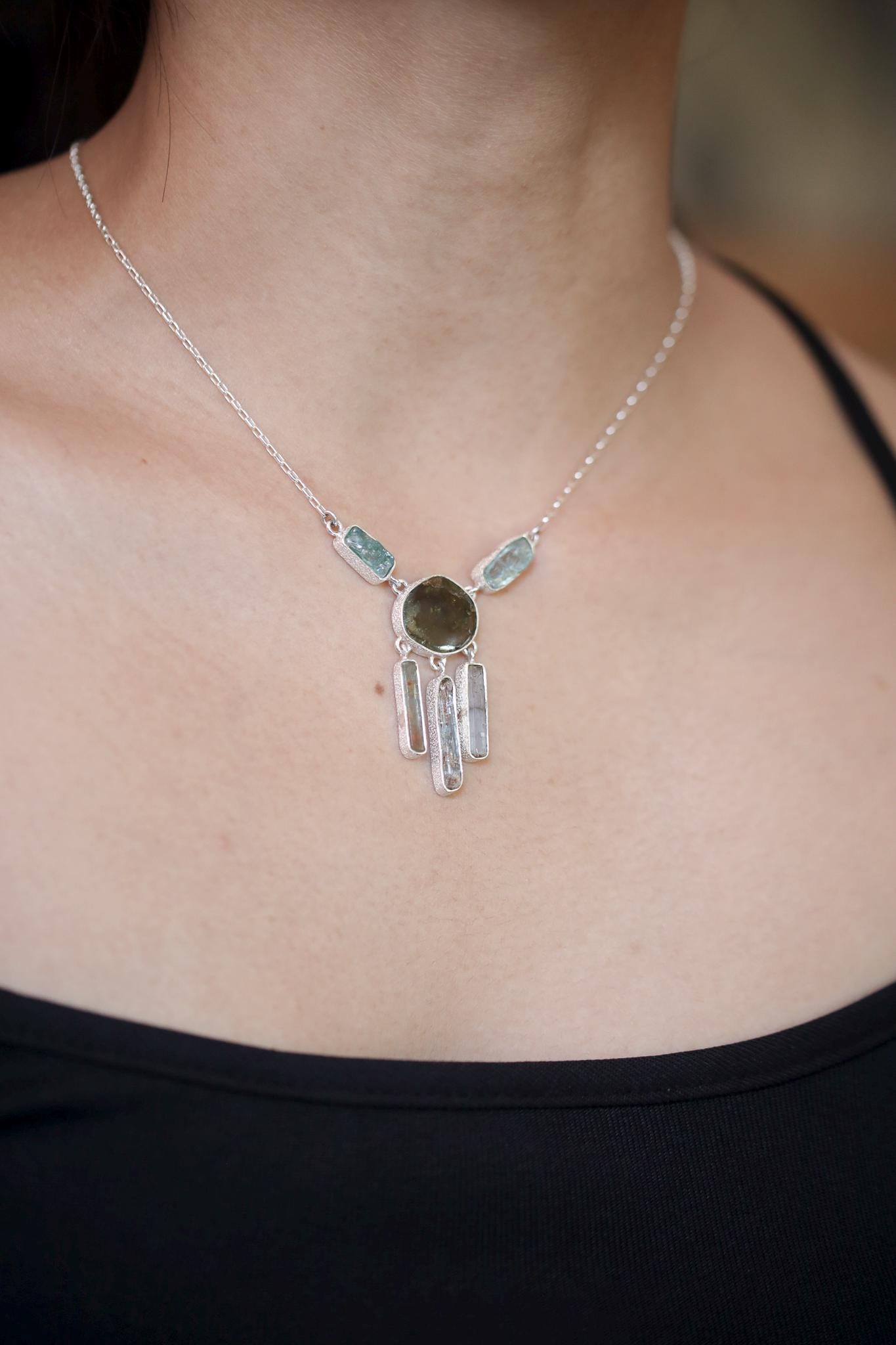 Green Tourmaline Slice, Gem Blue apatite, Aquamarine wand Necklace, 925 Silver with Box Chain, High Polish, Organic Texture, Gift for Her