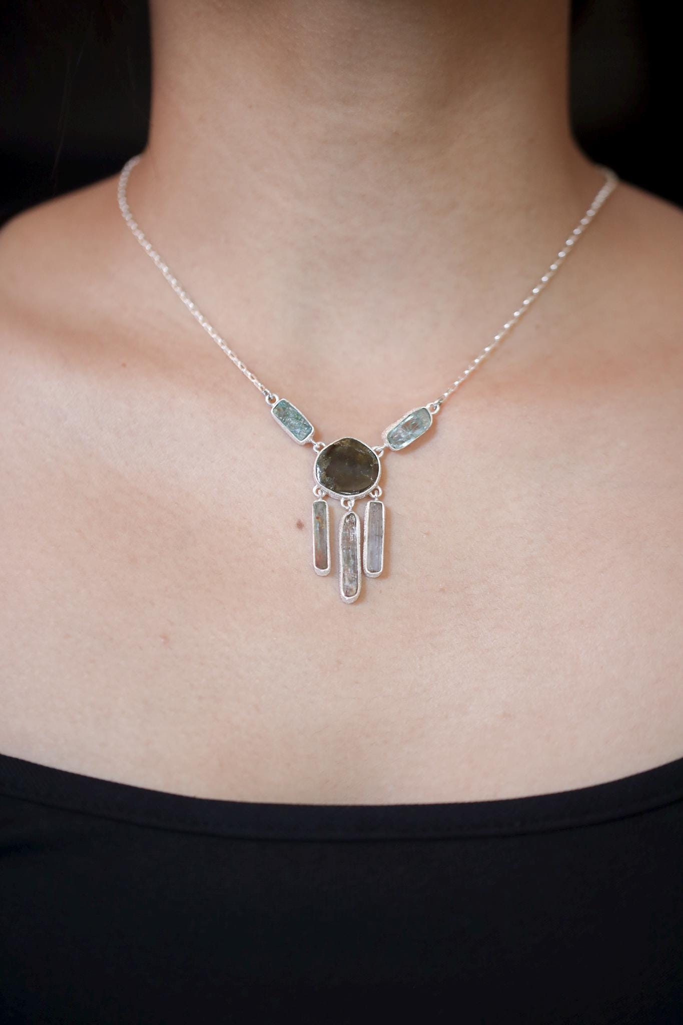 Green Tourmaline Slice, Gem Blue apatite, Aquamarine wand Necklace, 925 Silver with Box Chain, High Polish, Organic Texture, Gift for Her