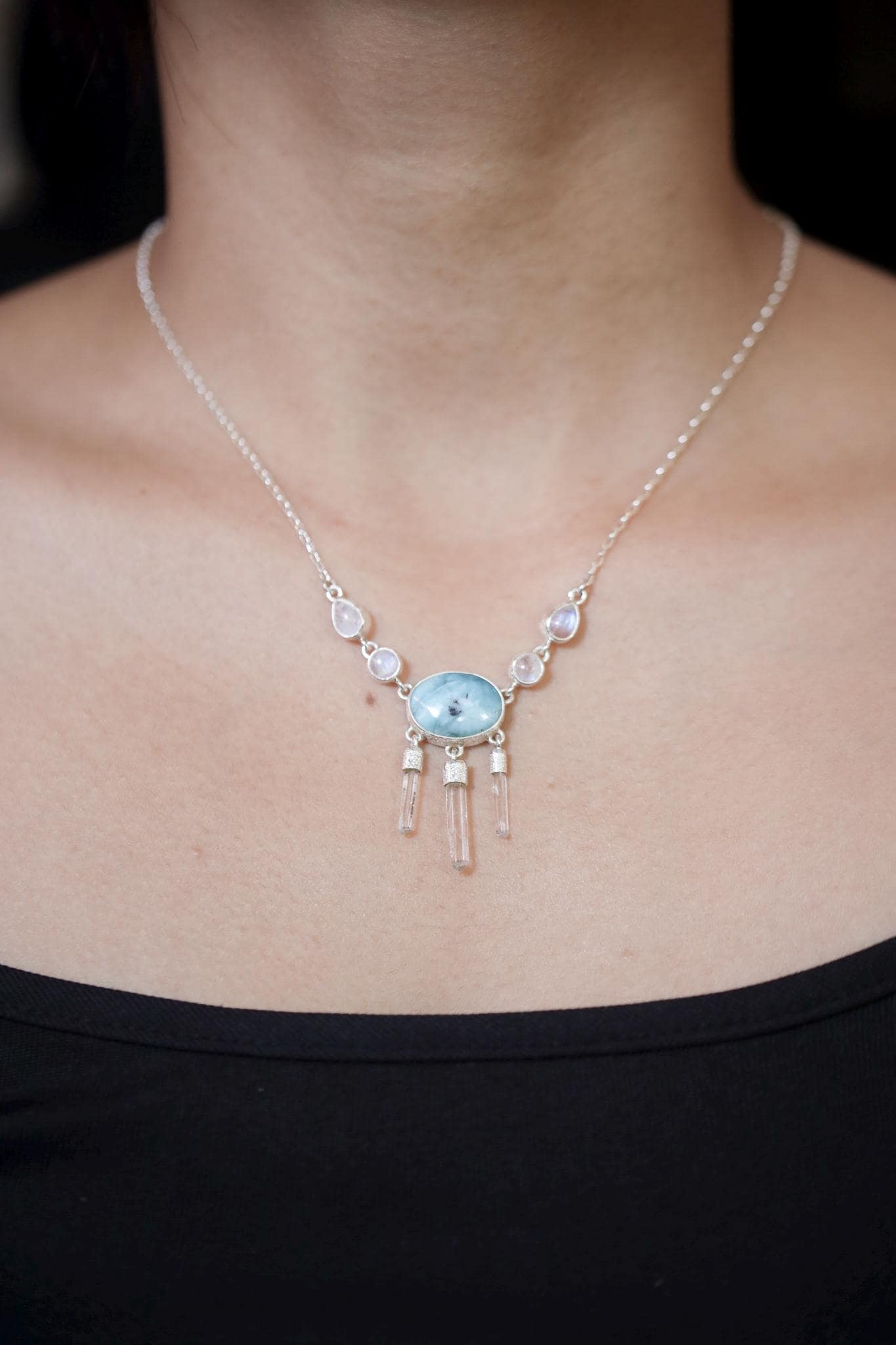 Sleeping Larimar, Blue Moonstone, Clear Quartz Necklace, 925 Silver, Box Chain, Organic Texture, Healing Crystal Jewelry, Throat Chakra Gift