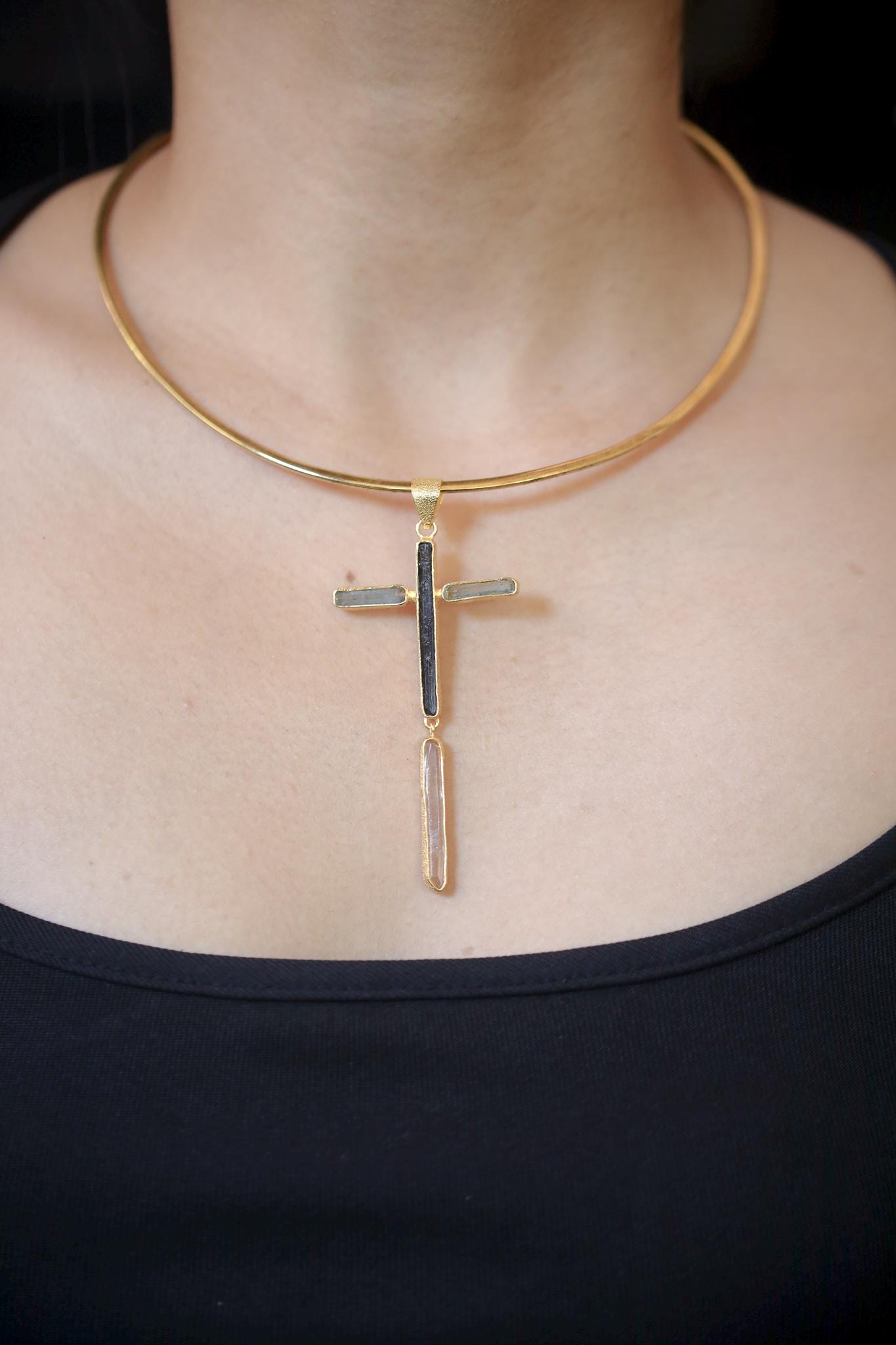 Aquamarine Black Tourmaline Clear Quartz Cross Pendant, 18K Gold Plated 925 Silver, Spiritual Protection Necklace, Healing Crystal Jewelry