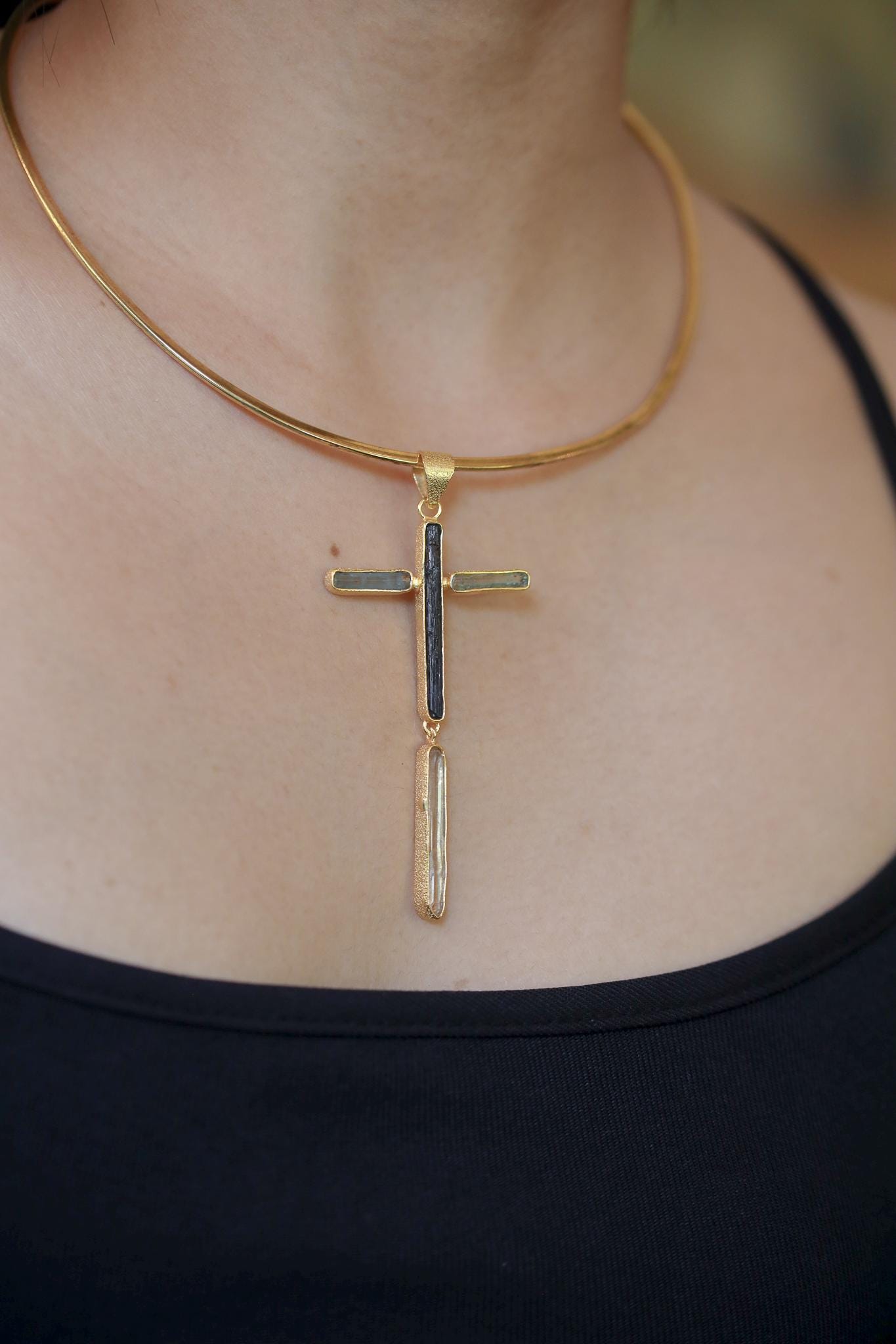 Aquamarine Black Tourmaline Clear Quartz Cross Pendant, 18K Gold Plated 925 Silver, Spiritual Protection Necklace, Healing Crystal Jewelry